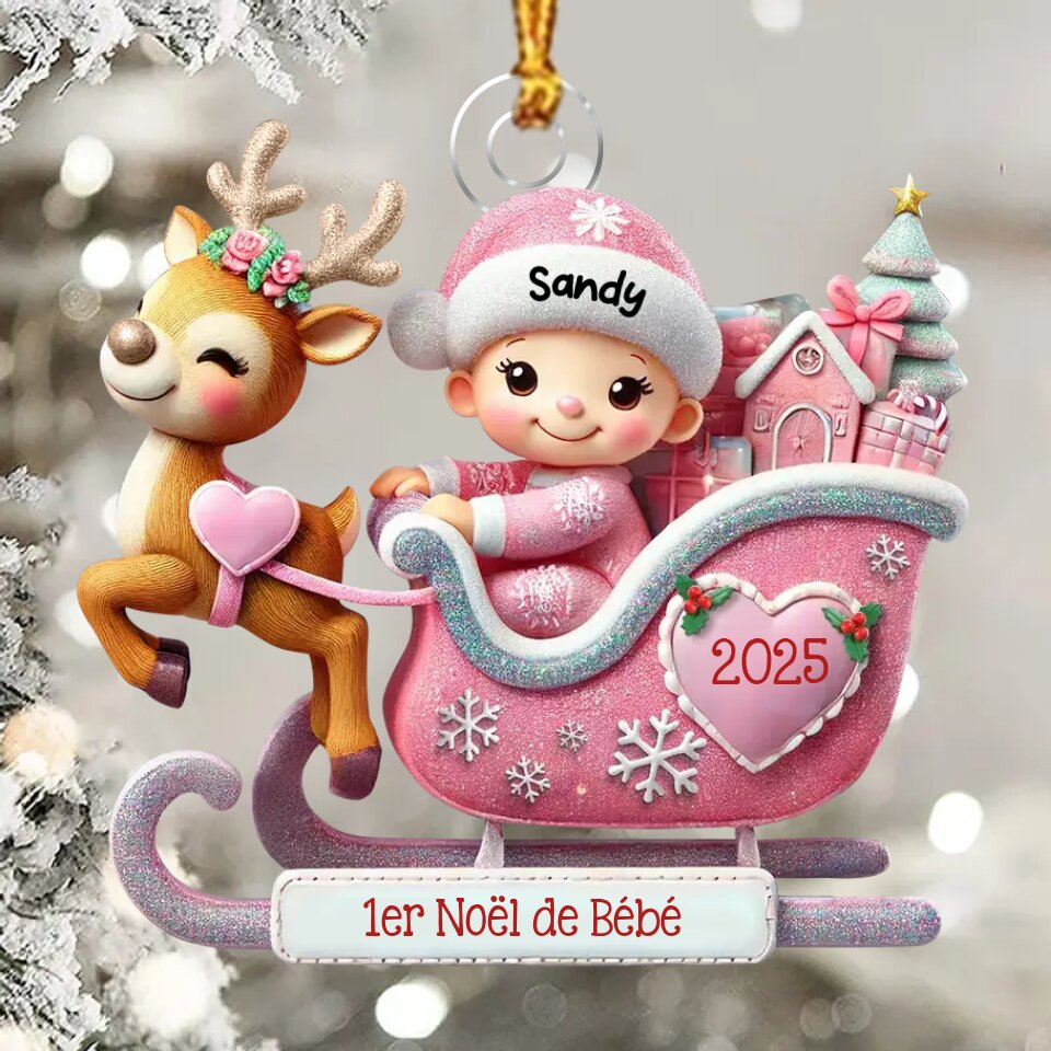 Décoration Sapin Noël Personnalisée en forme de traîneau - 1er Noël de bébé
