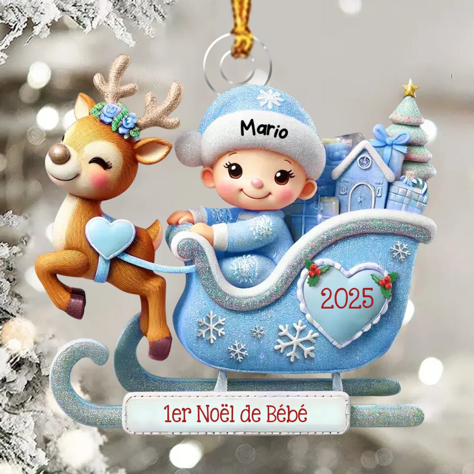 Décoration Sapin Noël Personnalisée en forme de traîneau - 1er Noël de bébé