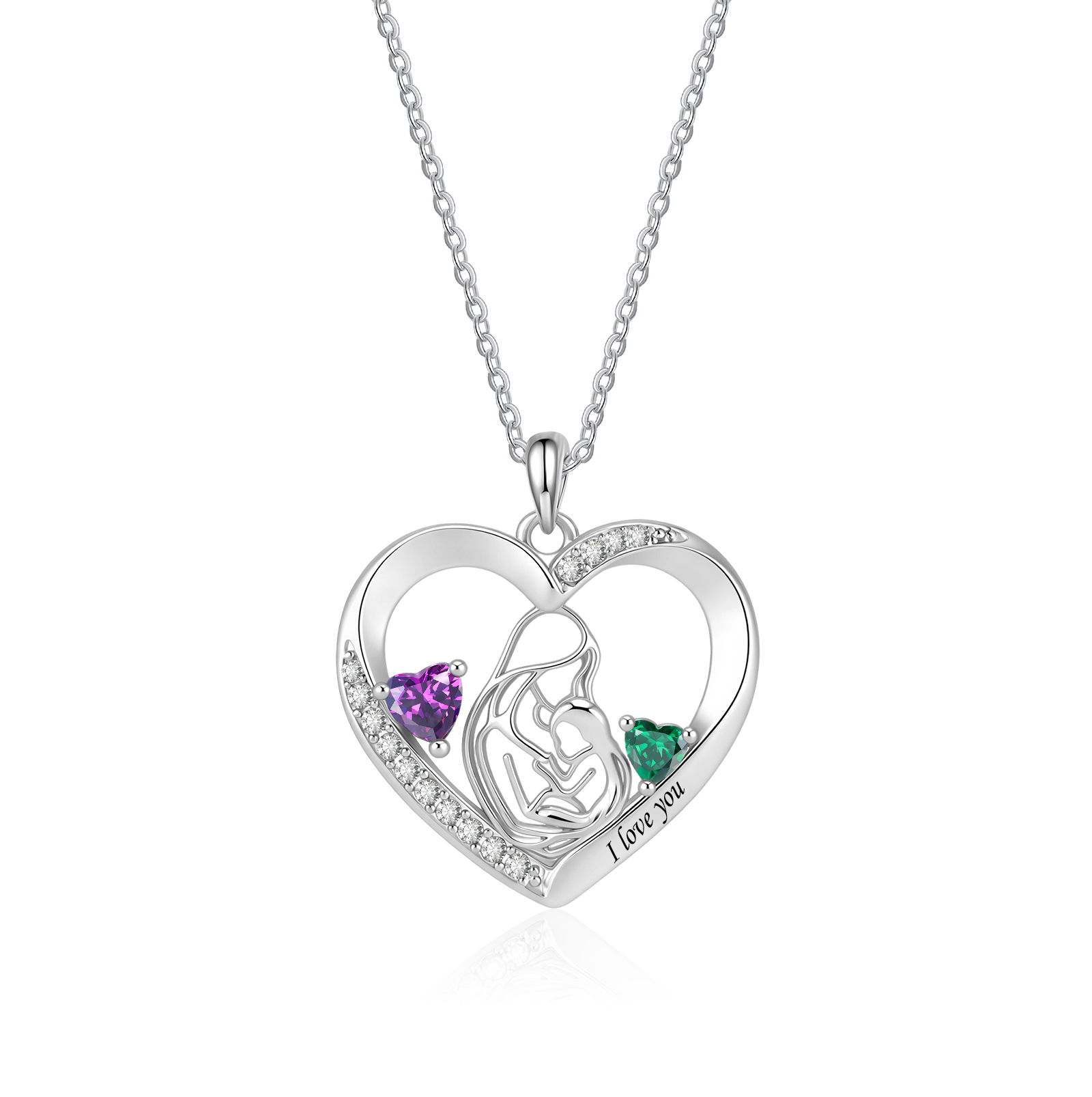 Collier Mère-enfant Personnalisé avec 2 Pierres de Naissance en forme de Cœur, Cadeau pour Maman à la Fête des Mères