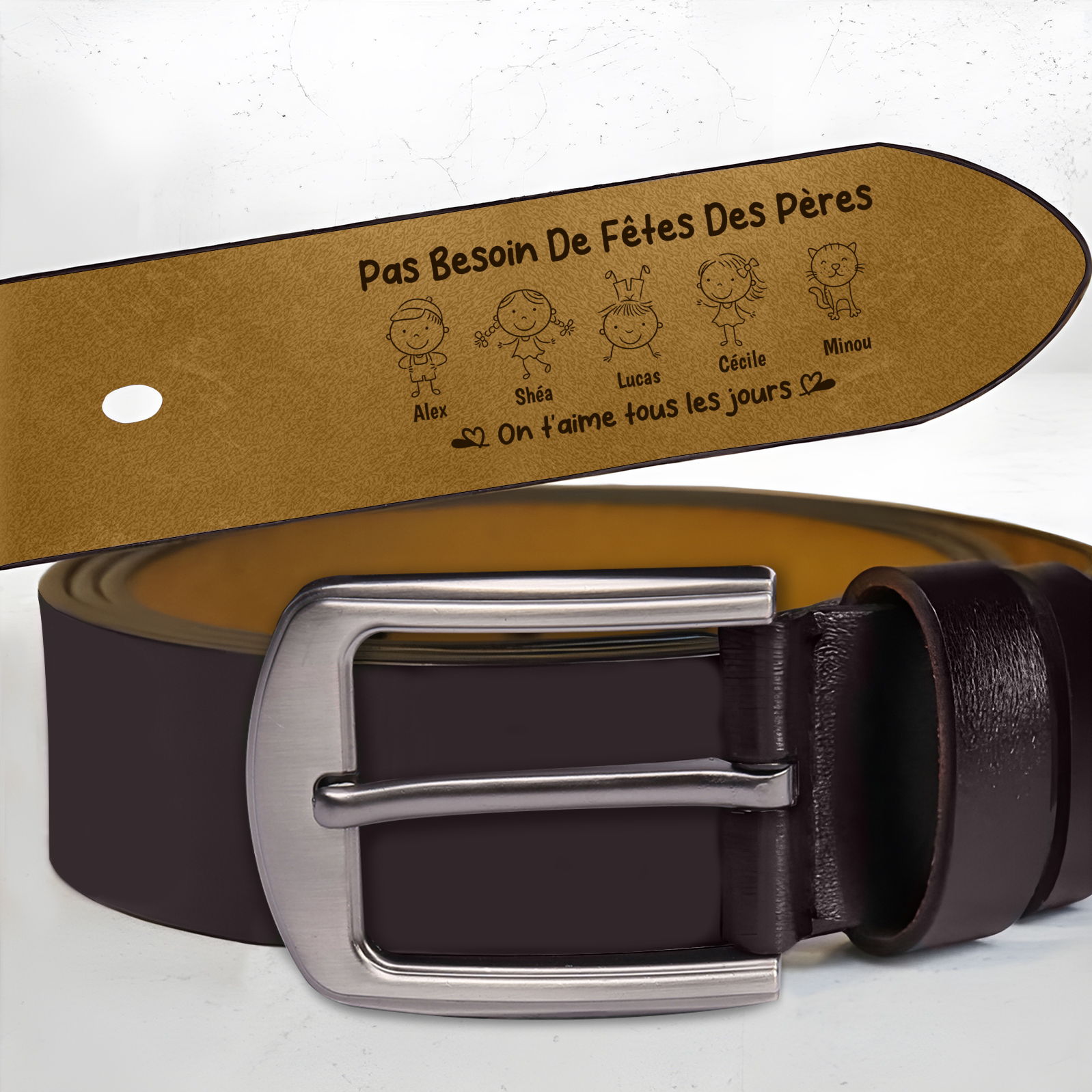 Ceinture Homme Personnalisée en Cuir – Gravure 1-6 Prénoms et Dessins Enfants – Cadeau Papa/Fête des Pères