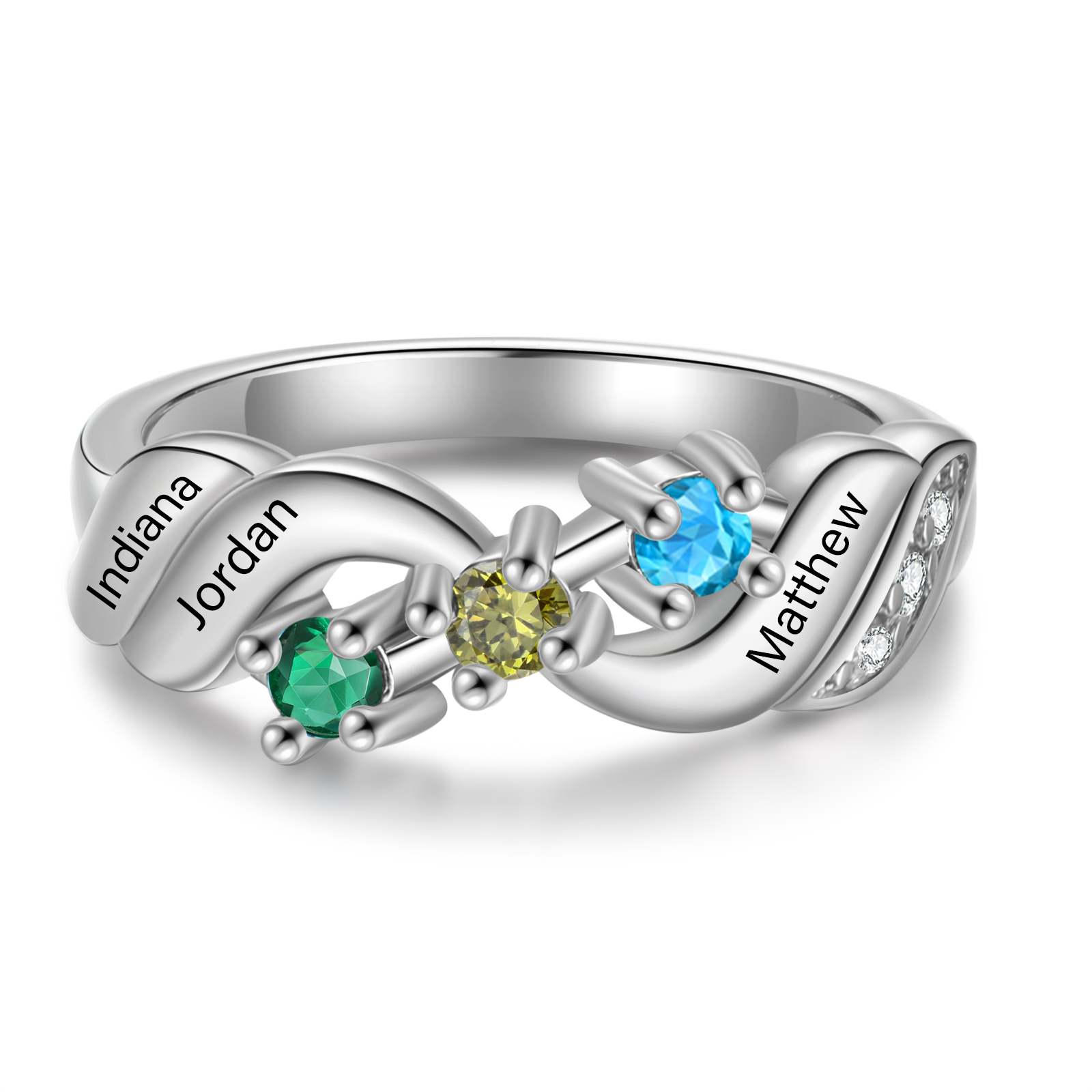 Bague Infini Personnalisée avec Prénoms et Pierres de Naissance – Bijou Gravé pour Femme