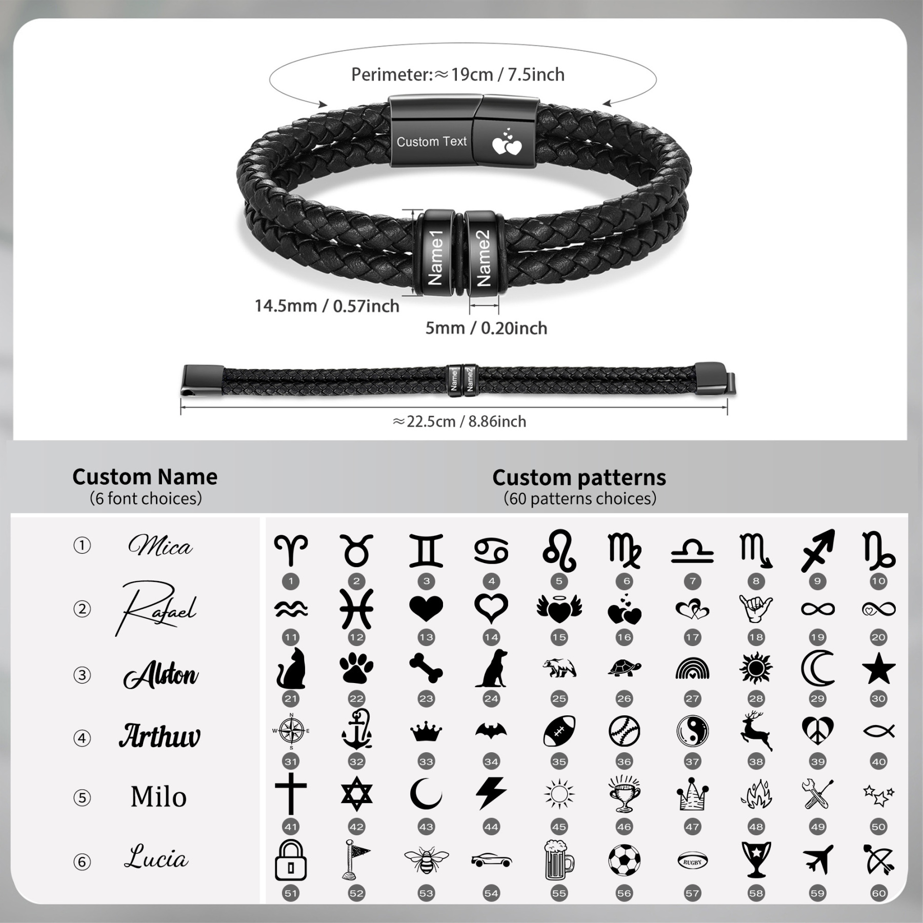 Bracelet en cuir tressé noir Personnalisé avec 2 à 6 Prénoms pour Homme
