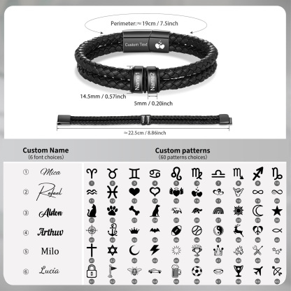 Bracelet en cuir tressé noir Personnalisé avec 2 à 6 Prénoms pour Homme