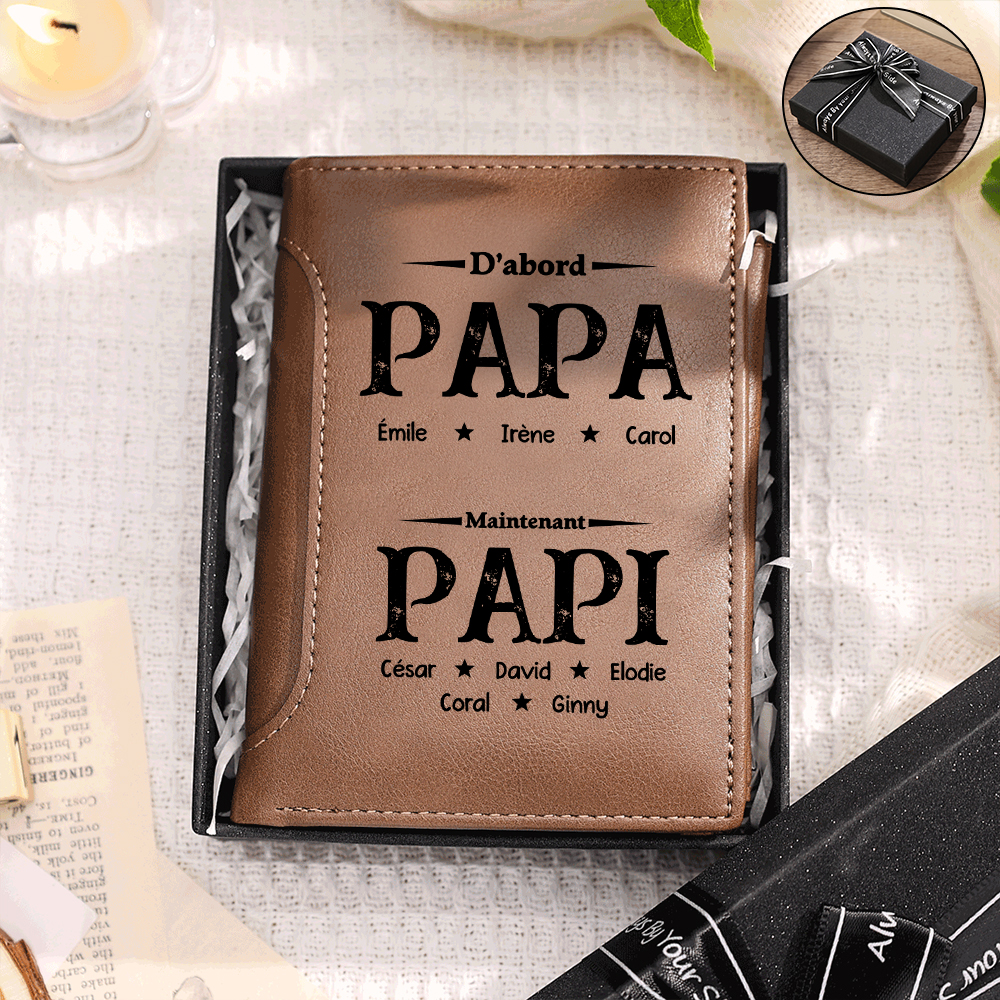 Portefeuille Homme Personnalisé – « D’abord Papa, Maintenant Papi » avec 2 à 14 Prénoms