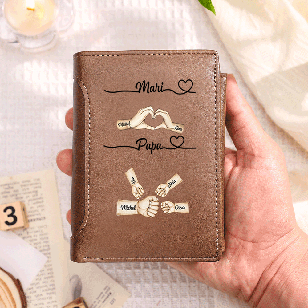 Portefeuille Personnalisé avec 2-10 Prénoms et Poings Portefeuille en Cuir PU Cadeau Fête des Pères pour Papa ou Mari | Jessemade