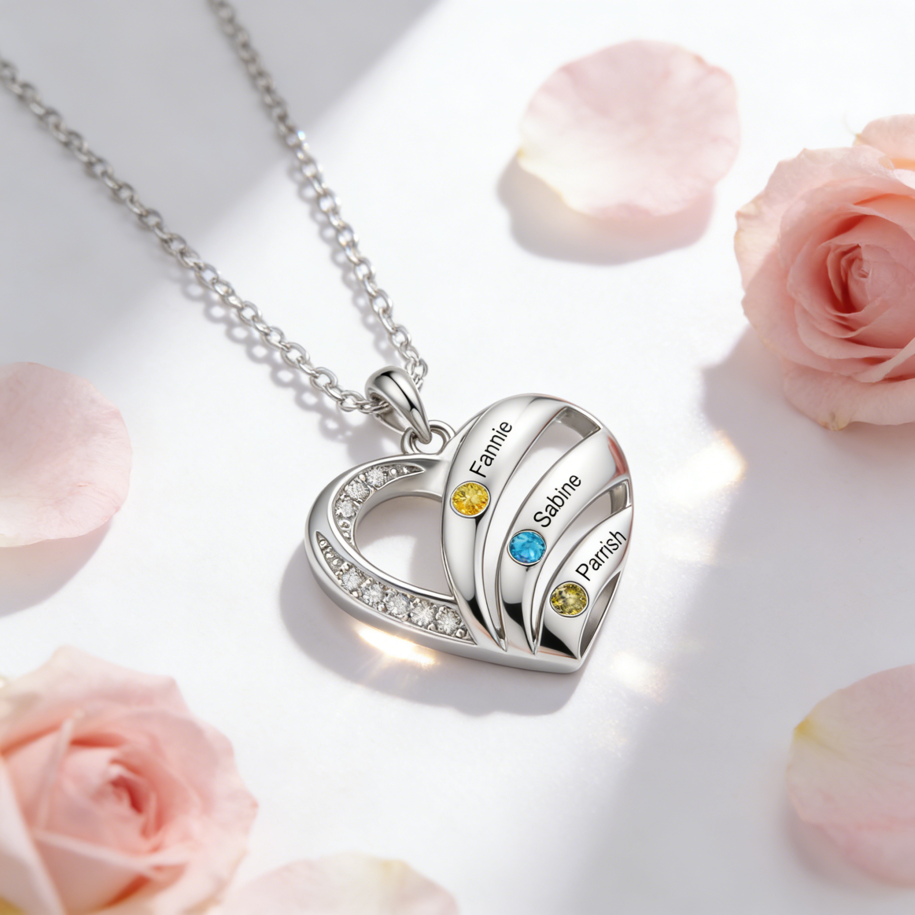 Collier Cœur Personnalisé avec Pierres de naissance, personnalisable avec 3 à 5 Prénoms et Pierres