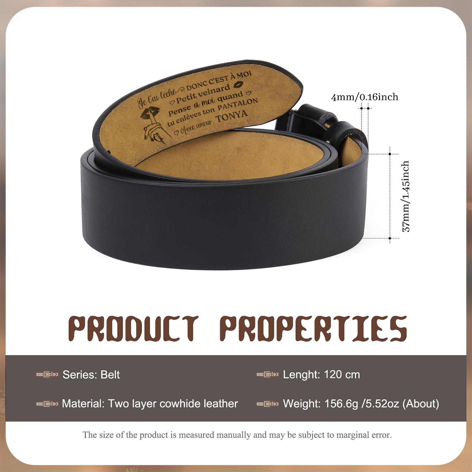 Ceinture en Cuir pour Homme Personnalisée – Message Amour & Humour, Cadeau Original pour Couple