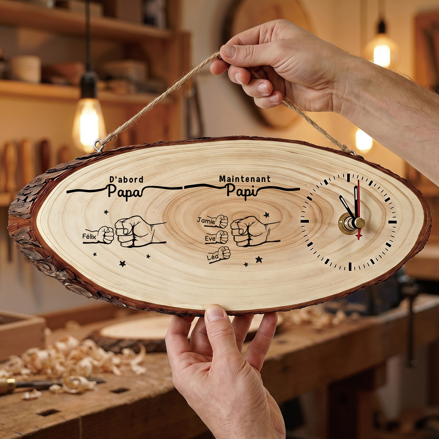 Horloge murale Personnalisée en Bois avec 2 à 12 Prénoms, motif poings qui se cognent, Cadeau pour Papa ou Papi