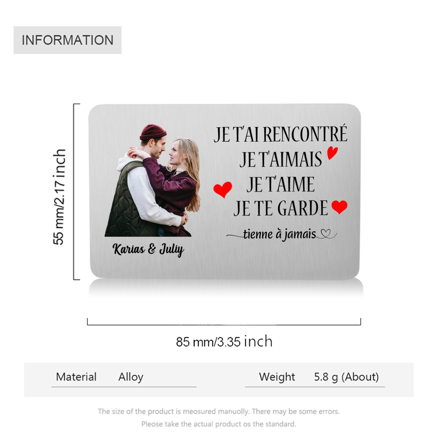 Coffret Cadeau 3PCS Bracelet Porte-clé et carte de Couple 1 Prénom Personnalisé avec Photo Coffret Cadeau pour Homme | Jessemade