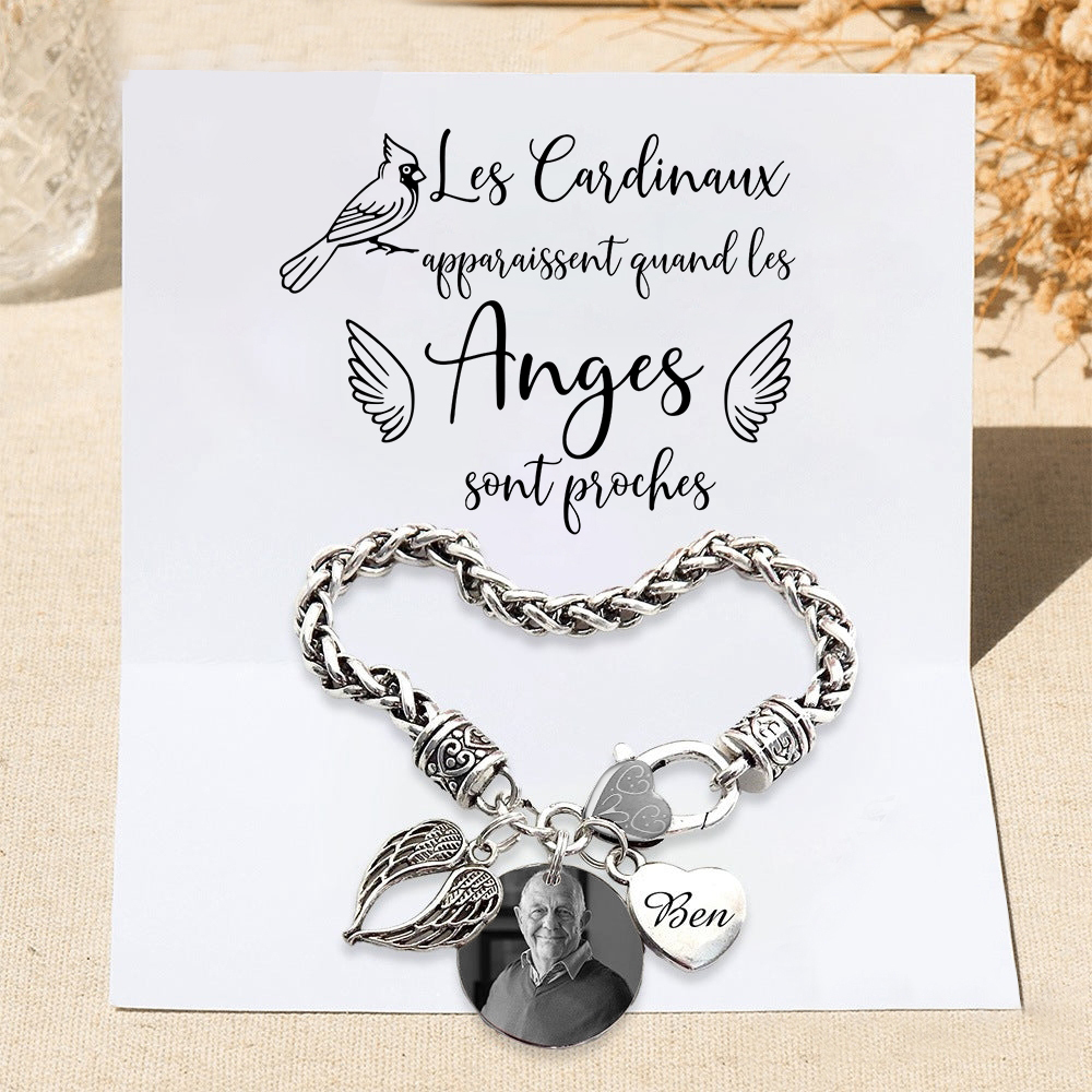 Bracelet Coeur et Ailes commémoratif 1 Prénom Personnalisé avec photo Avec Carte commémorative Bracelet Personnalisé | Jessemade