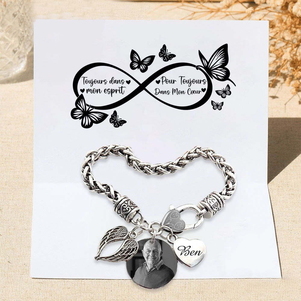 Bracelet Coeur et Ailes commémoratif 1 Prénom Personnalisé avec photo Avec Carte commémorative Bracelet Personnalisé | Jessemade