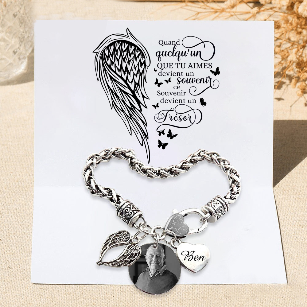 Bracelet Coeur et Ailes commémoratif 1 Prénom Personnalisé avec photo Avec Carte commémorative Bracelet Personnalisé | Jessemade