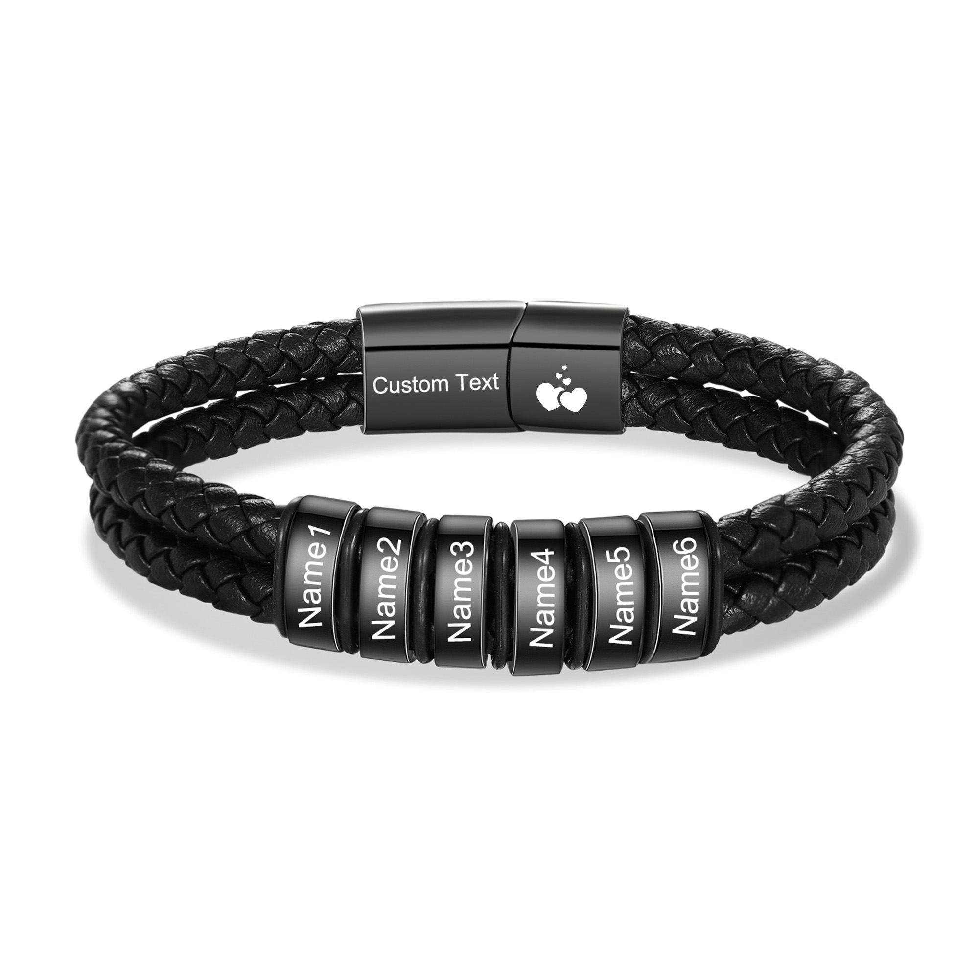 Bracelet en cuir tressé noir Personnalisé avec 2 à 6 Prénoms pour Homme