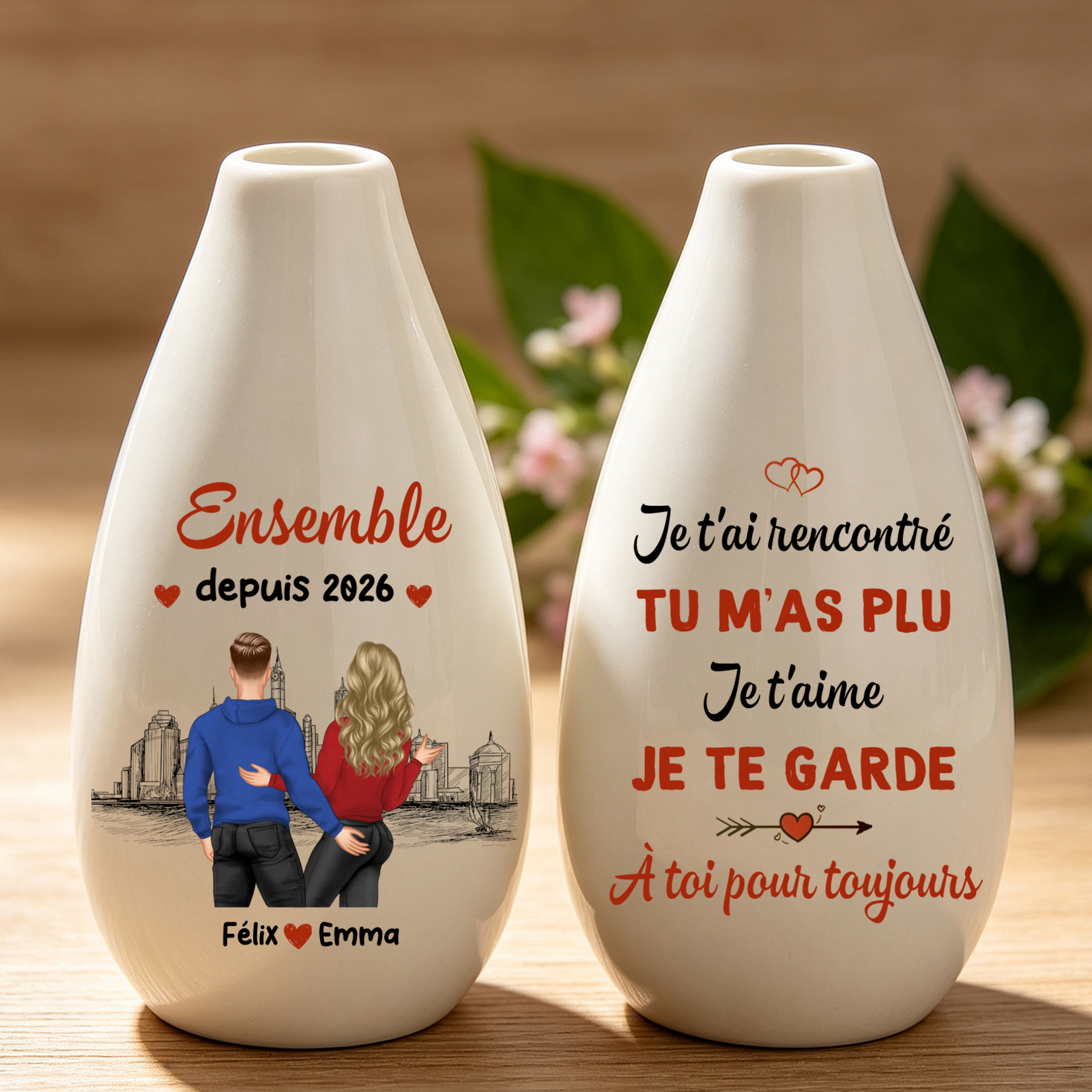 Vase soliflore romantique en Céramique Personnalisé pour Couple