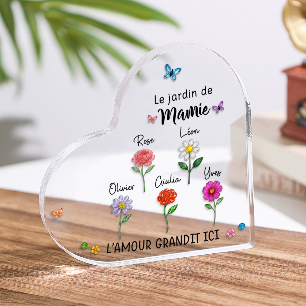 Plaque Acrylique Personnalisée Famille – Le Jardin de Maman ou Mamie avec Fleurs de Naissance et Prénoms des Enfants
