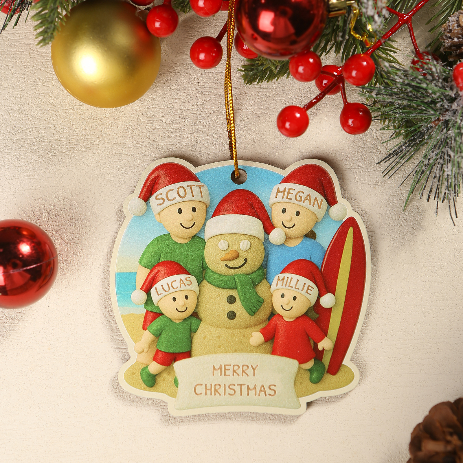 Décoration Sapin Noël personnalisée – Famille fêtant Noël à la plage