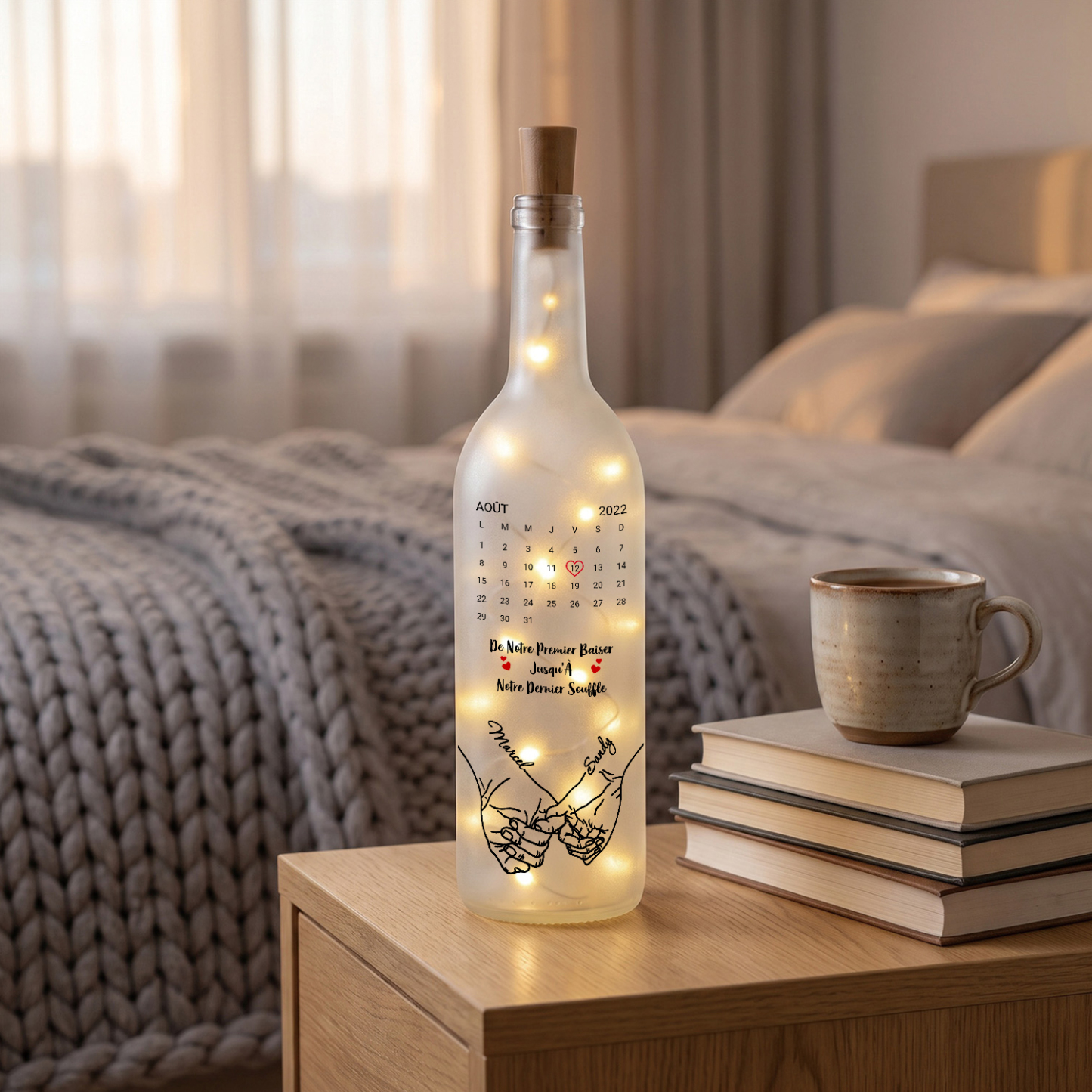 Bouteille Lumineuse Personnalisée Couple avec 2 Prénoms et Date – Cadeau Souvenir Romantique