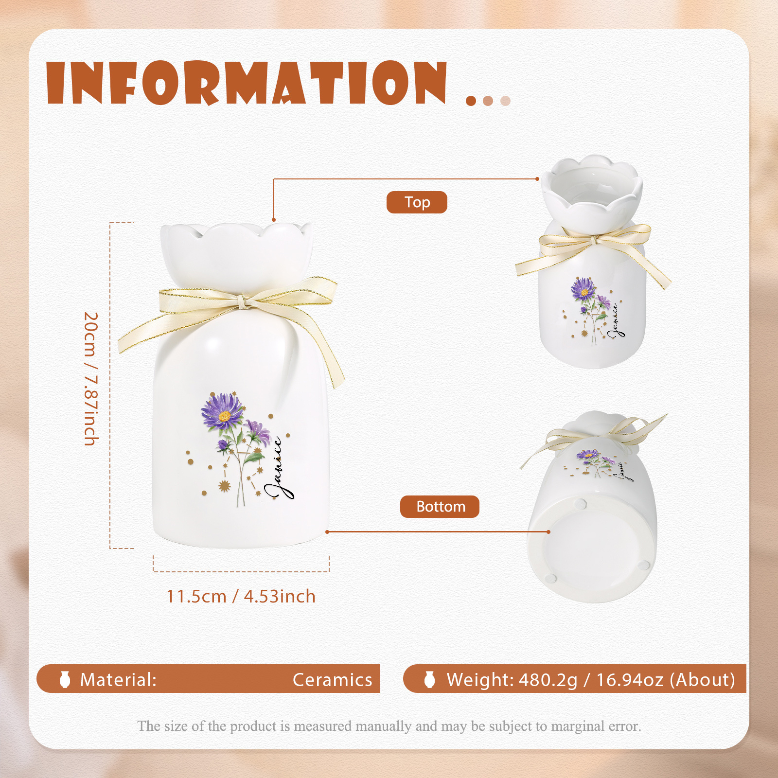 Vase Personnalisé en Céramique avec Fleur de Naissance et Prénom, Décoration Élégante, Idée Cadeau pour Femme, Maman ou Mamie
