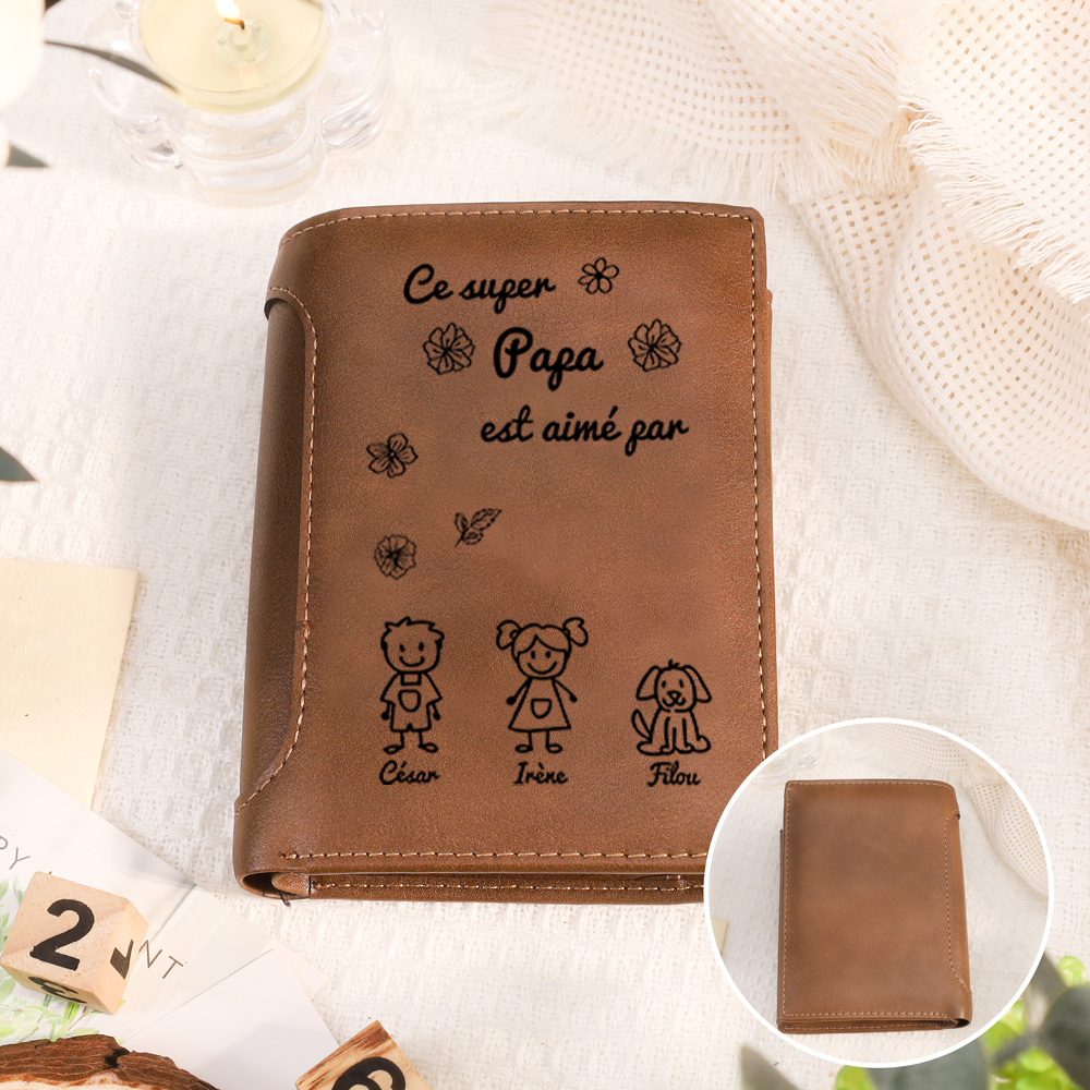Portefeuille en cuir personnalisé gravé sur mesure – Cadeau de Fête des Pères ou d’anniversaire de la part des enfants, souvenir pratique pour papa et grand-père | Jessemade