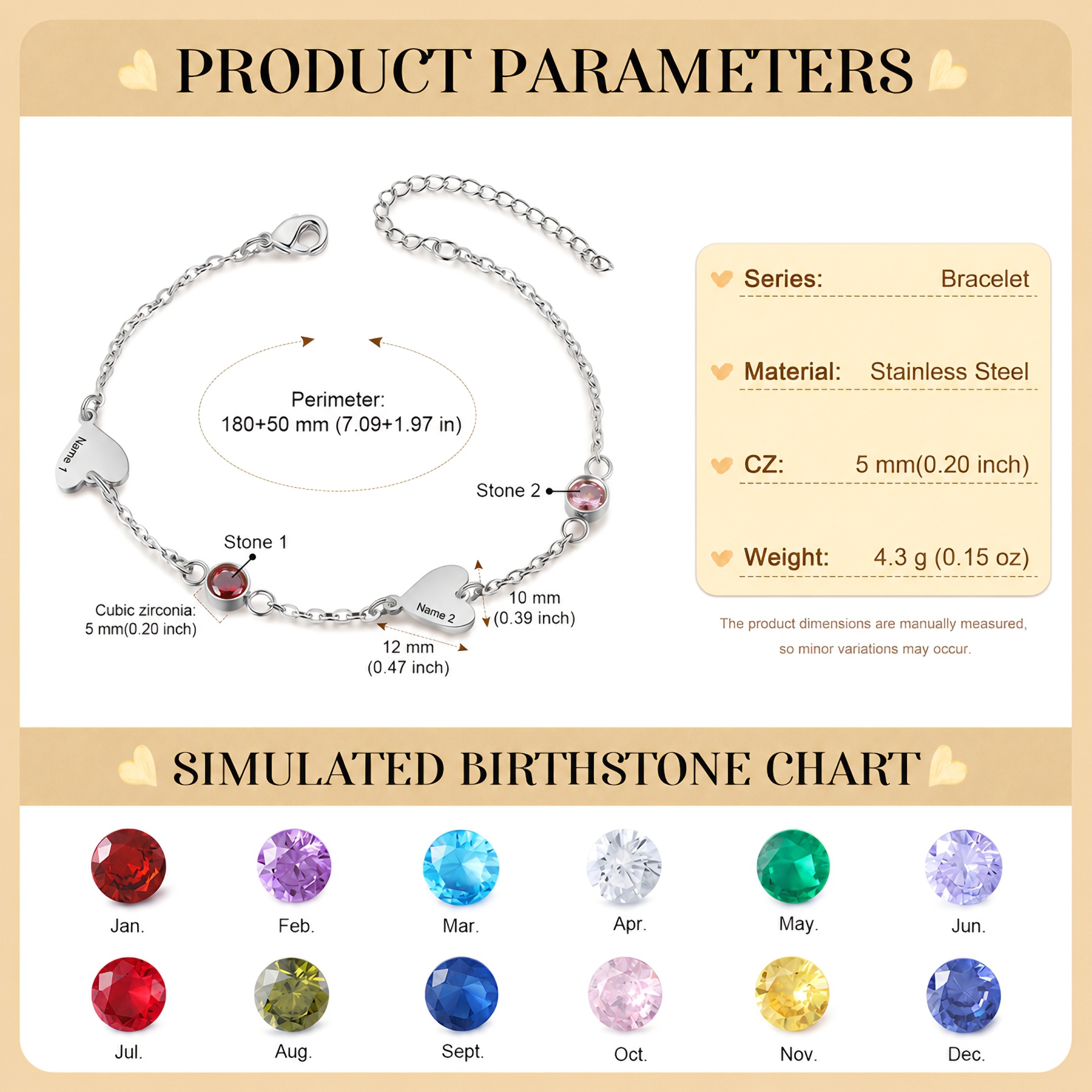 Bracelet Cœur Personnalisé avec 1 à 5 Noms et Pierres de Naissance pour Femme