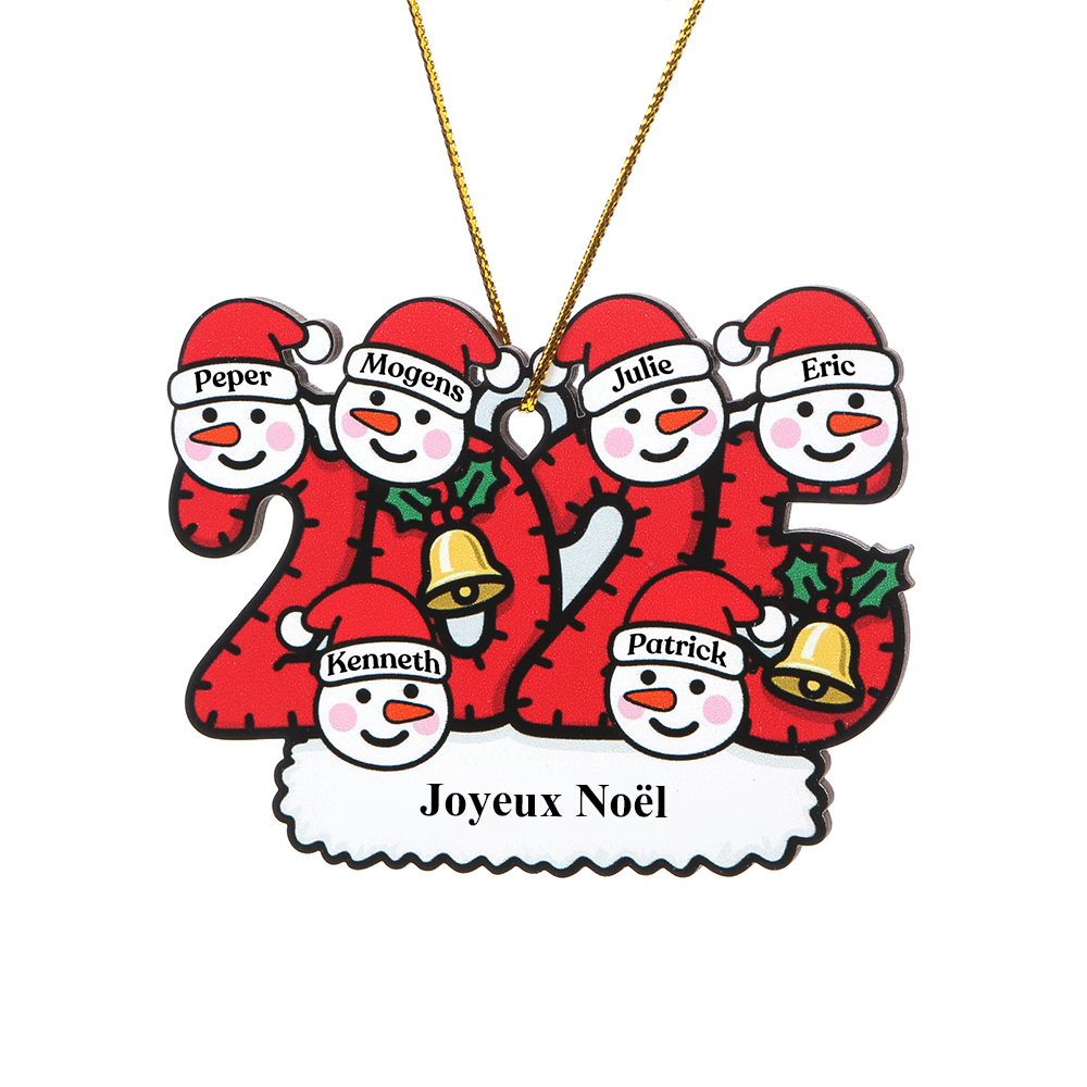 2025 Décoration Sapin Noël en Bois Personnalisée – Famille de Bonhommes de Neige avec 1 à 8 Prénoms