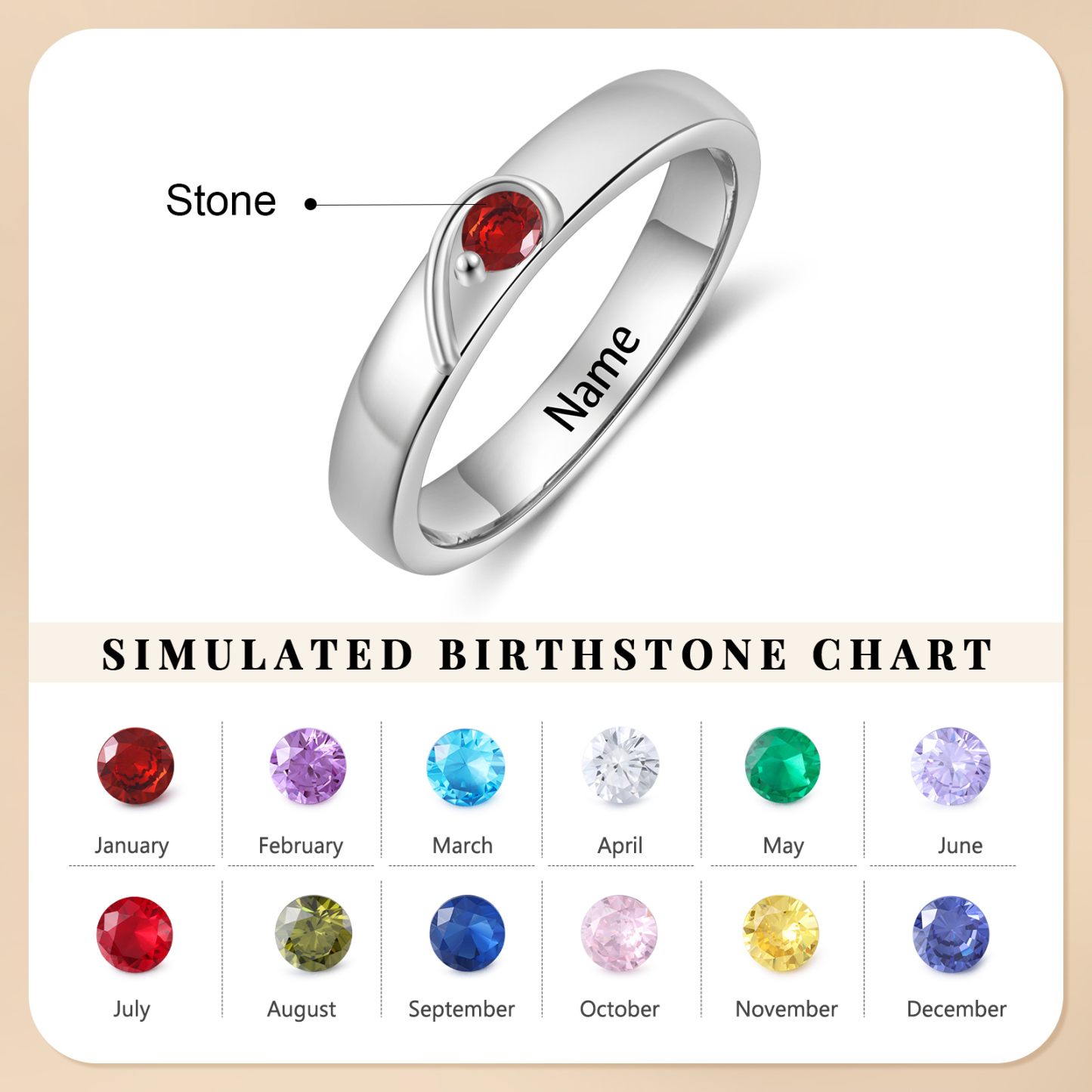 Bague partenaire en forme de cœur avec 2 pierres de naissance, gravée avec 2 prénoms