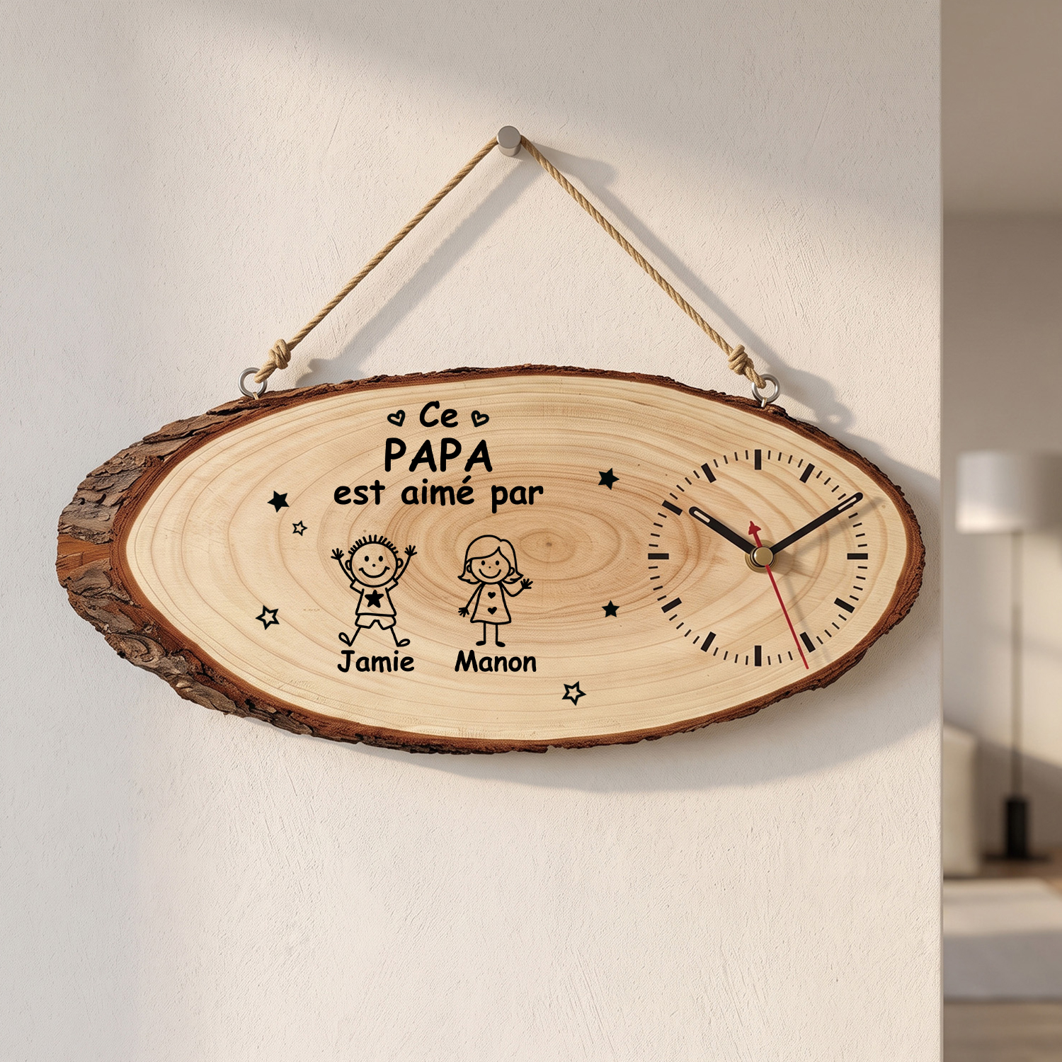 Horloge Personnalisée en Bois avec 1-10 Prénoms et Figurines d’enfants, Cadeau pour Papa ou Papi