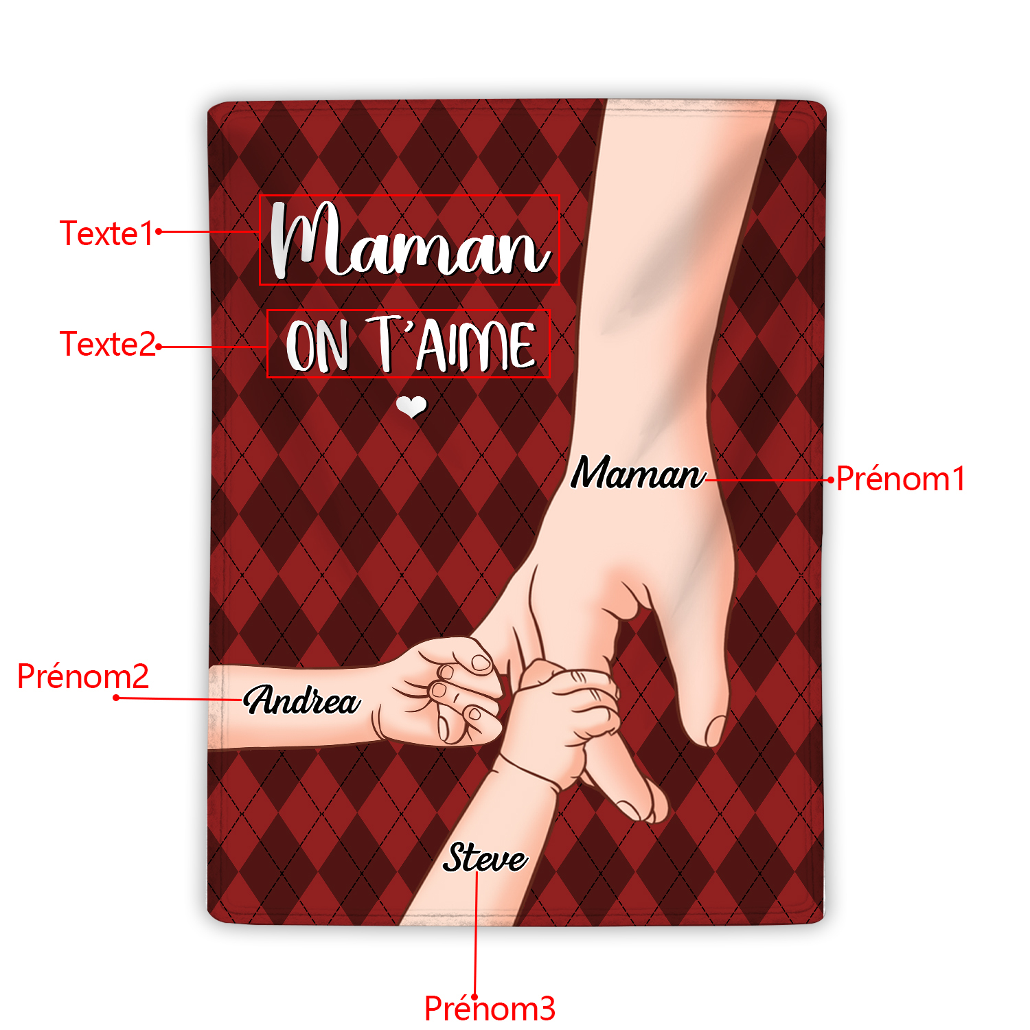 À Maman Couverture de Noël plaids polaire mains 3 Prénoms personnalisés avec 2 textes Cadeau pour famille | Jessemade