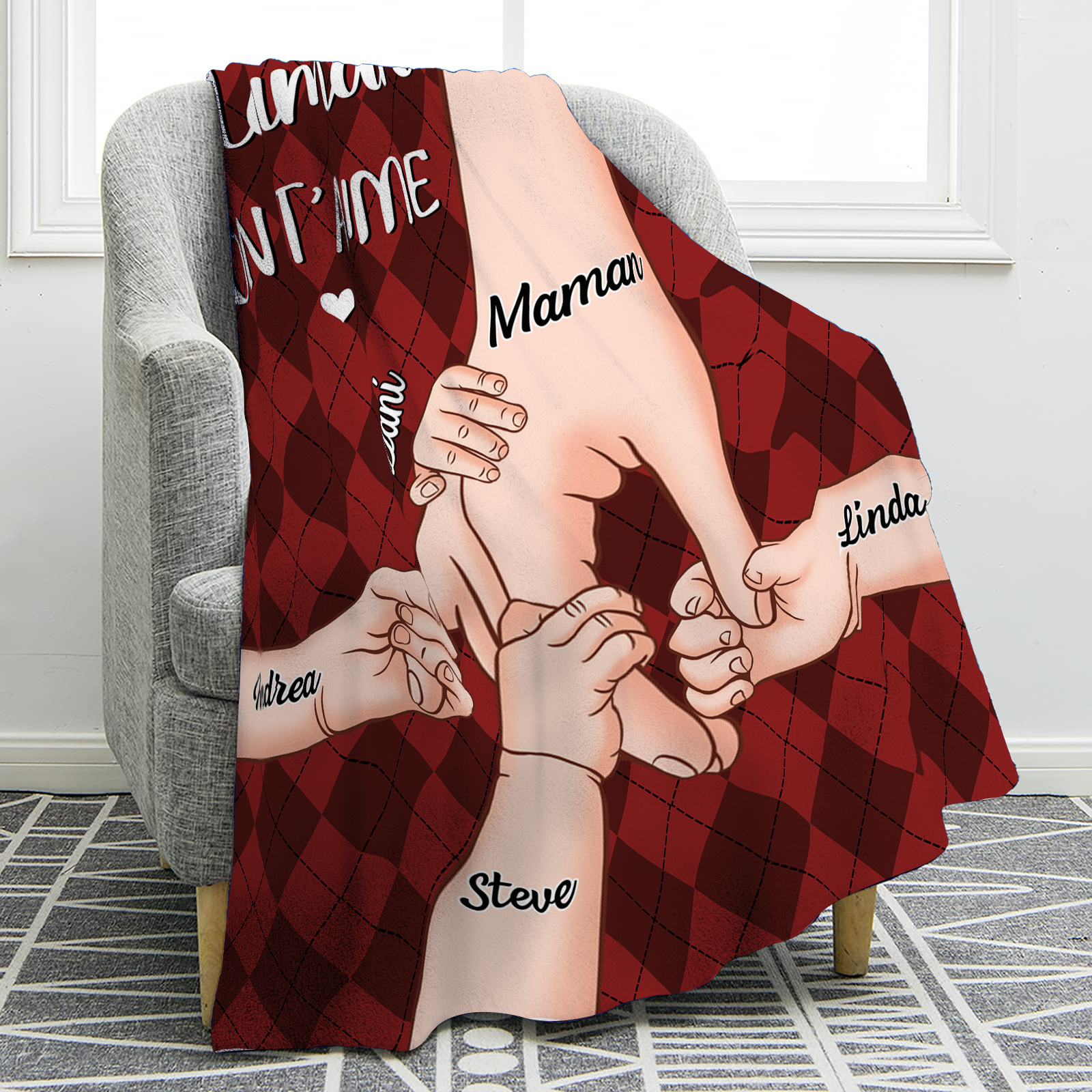 À Maman Couverture de Noël plaids polaire mains 5 Prénoms personnalisés avec 2 textes Cadeau pour famille | Jessemade