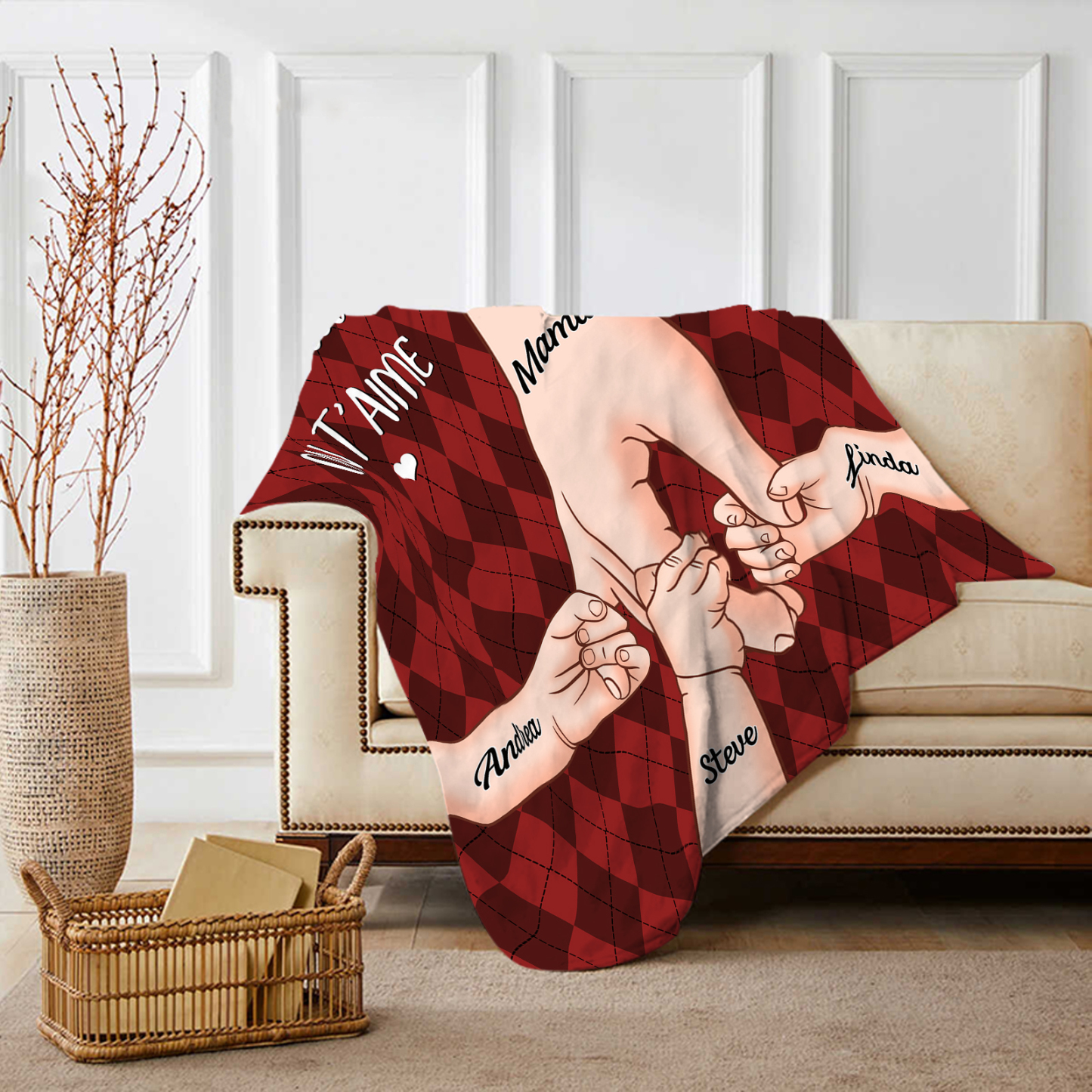 À Maman Couverture de Noël plaids polaire mains 4 Prénoms personnalisés avec 2 textes Cadeau pour famille | Jessemade
