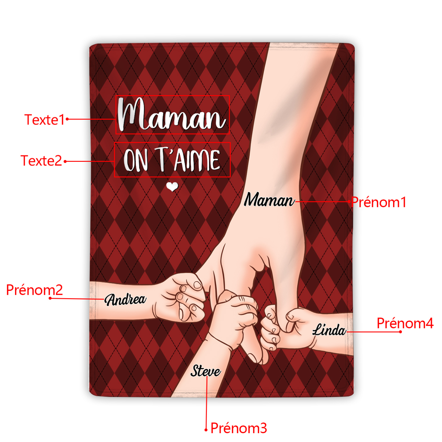 À Maman Couverture de Noël plaids polaire mains 4 Prénoms personnalisés avec 2 textes Cadeau pour famille | Jessemade