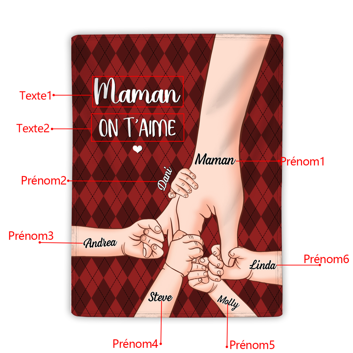 À Maman Couverture de Noël plaids polaire mains 6 Prénoms personnalisés avec 2 textes Cadeau pour famille | Jessemade