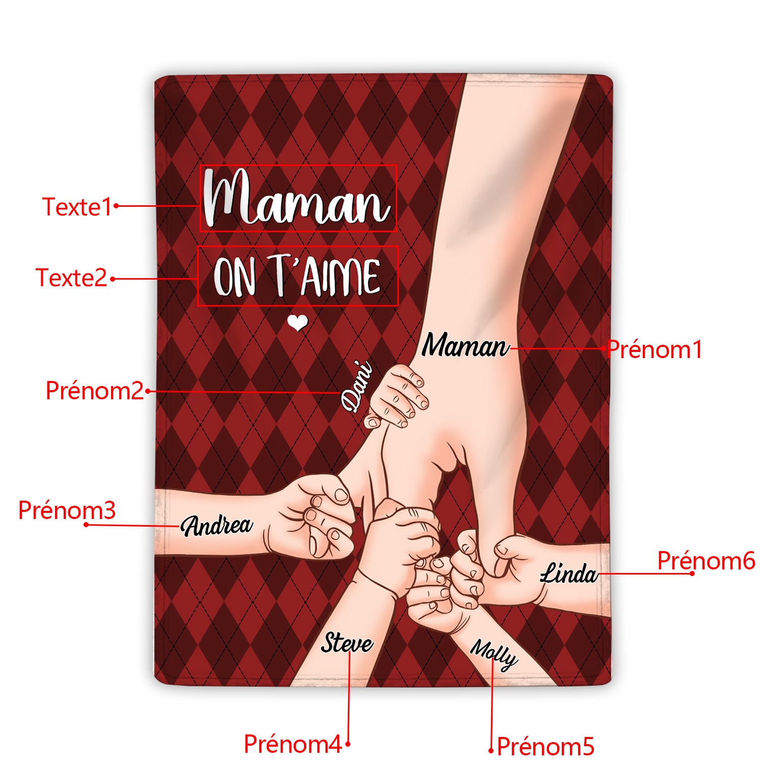 À Maman Couverture de Noël plaids polaire mains 6 Prénoms personnalisés avec 2 textes Cadeau pour famille | Jessemade