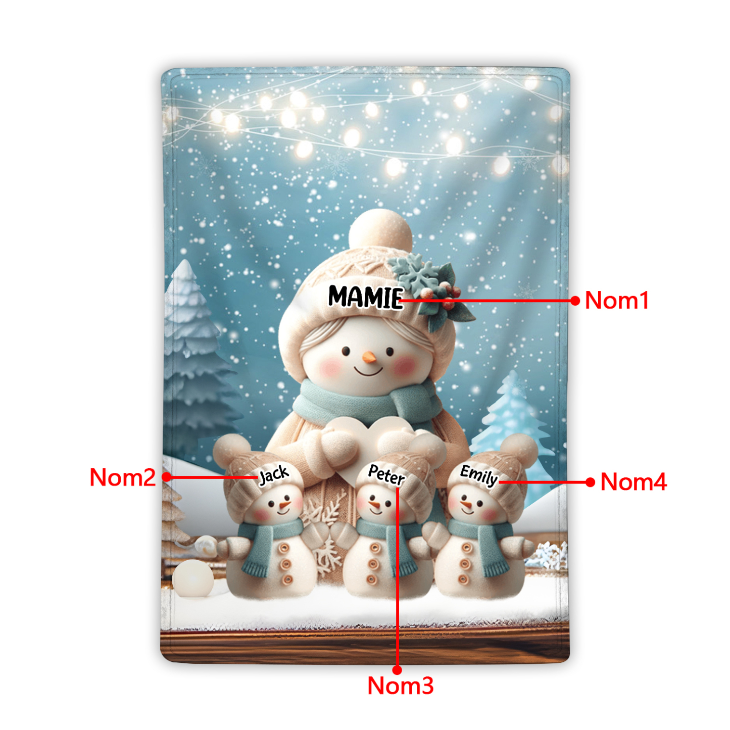 À Mamie Couverture de Noël plaids polaire bonhommes de neige 4 Prénoms personnalisés Cadeau pour famille | Jessemade