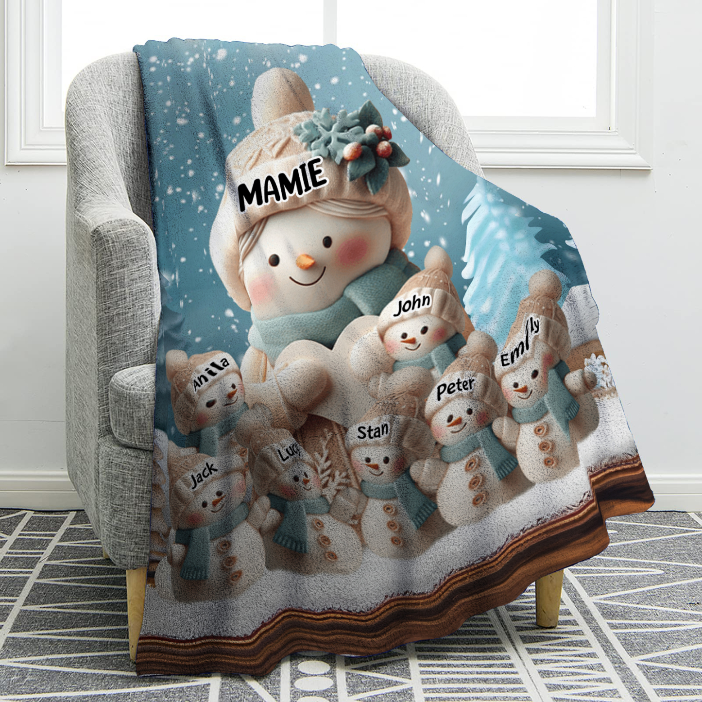À Mamie Couverture de Noël plaids polaire bonhommes de neige 8 Prénoms personnalisés Cadeau pour famille | Jessemade