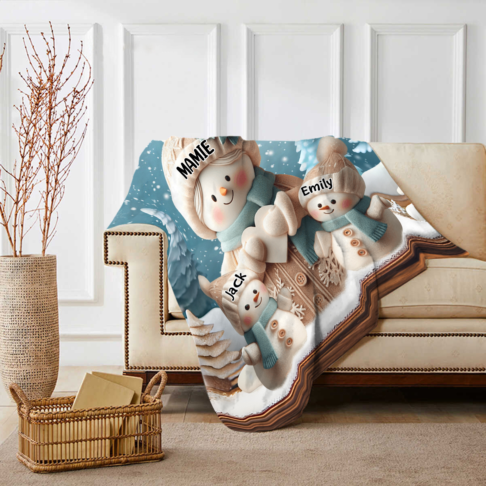 À Mamie Couverture de Noël plaids polaire bonhommes de neige 3 Prénoms personnalisés Cadeau pour famille | Jessemade
