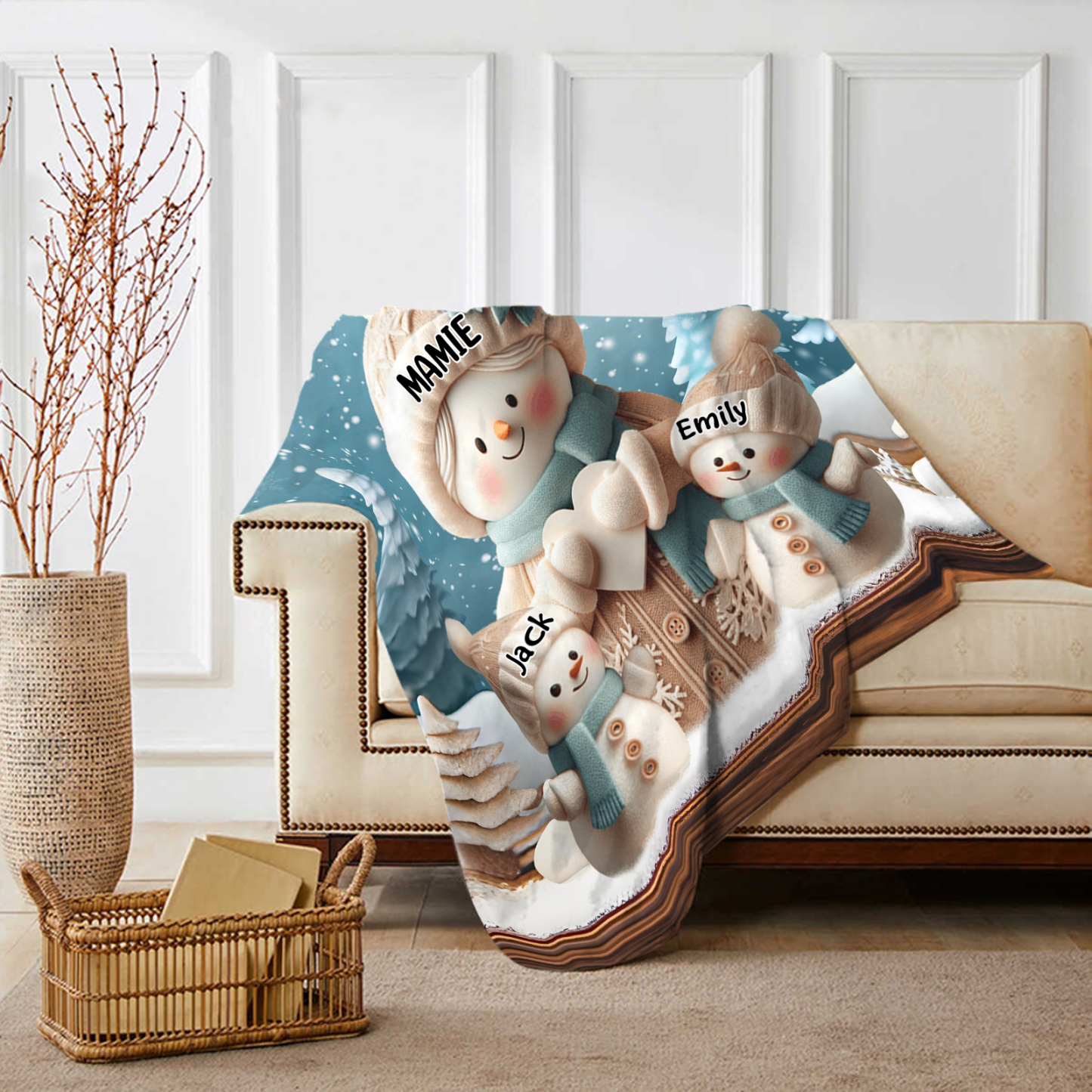 À Mamie Couverture de Noël plaids polaire bonhommes de neige 3 Prénoms personnalisés Cadeau pour famille | Jessemade