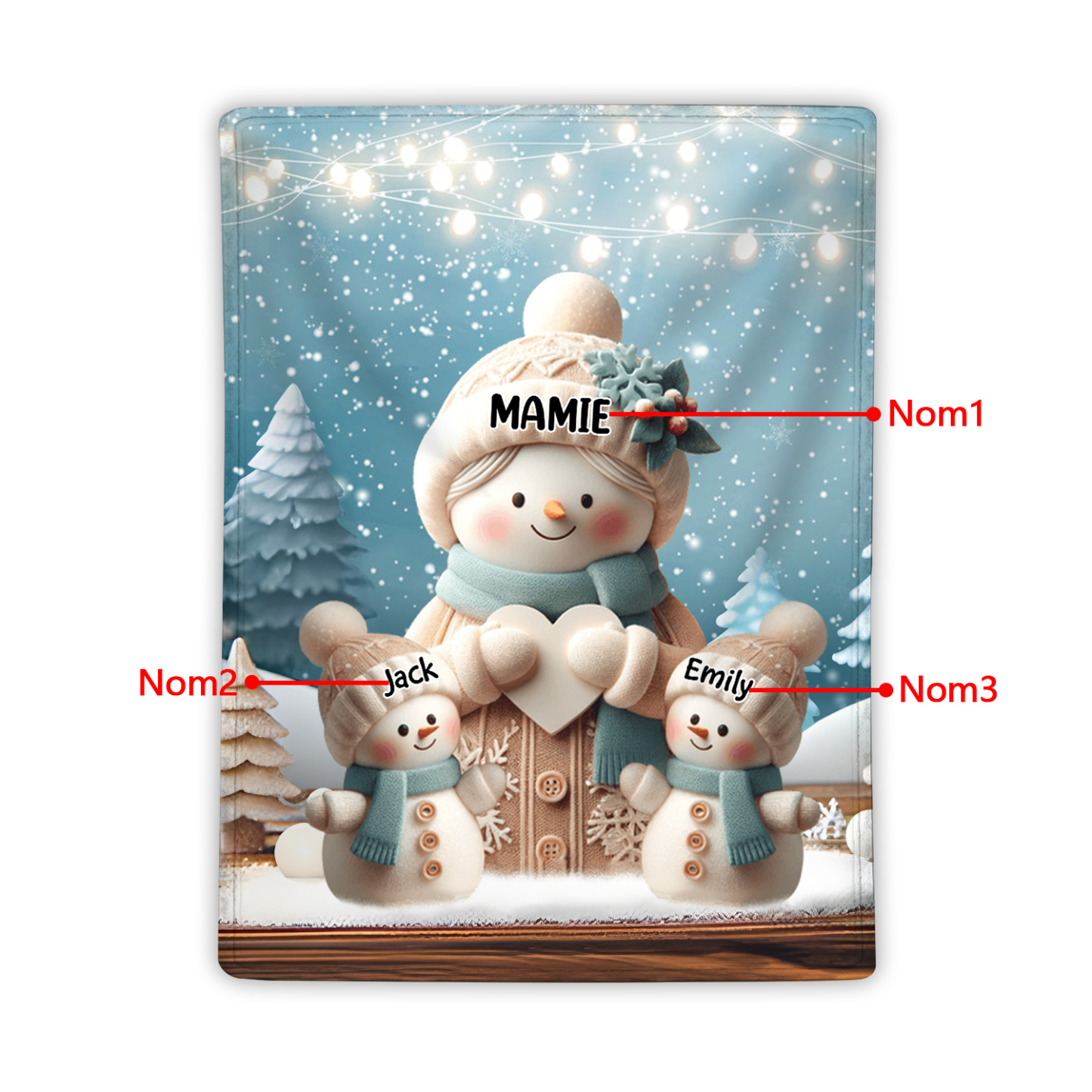À Mamie Couverture de Noël plaids polaire bonhommes de neige 3 Prénoms personnalisés Cadeau pour famille | Jessemade