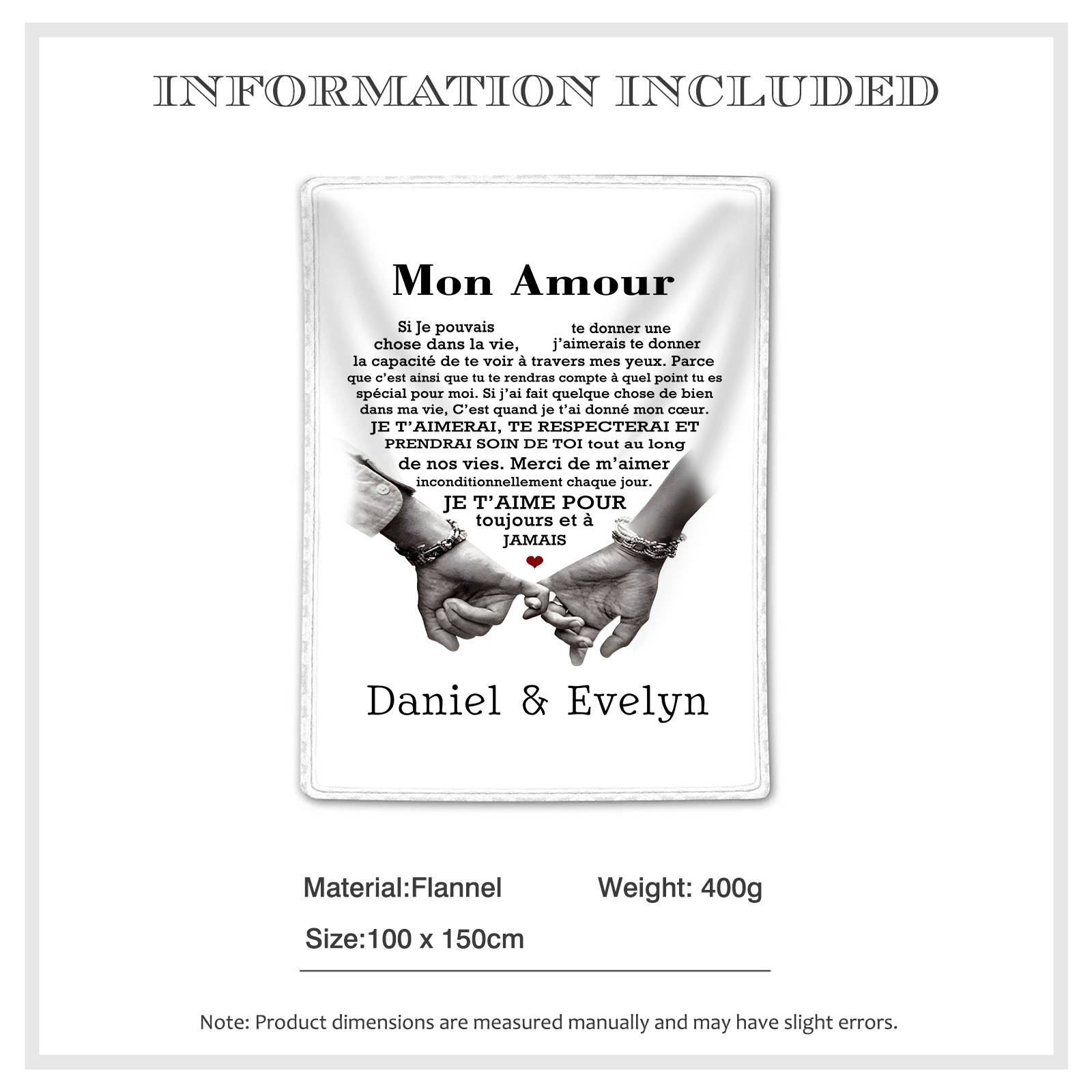 Couverture Plaids Polaire 2 Prénoms Personnalisés avec Texte Cadeau pour Couple le saint-valentin | Jessemade