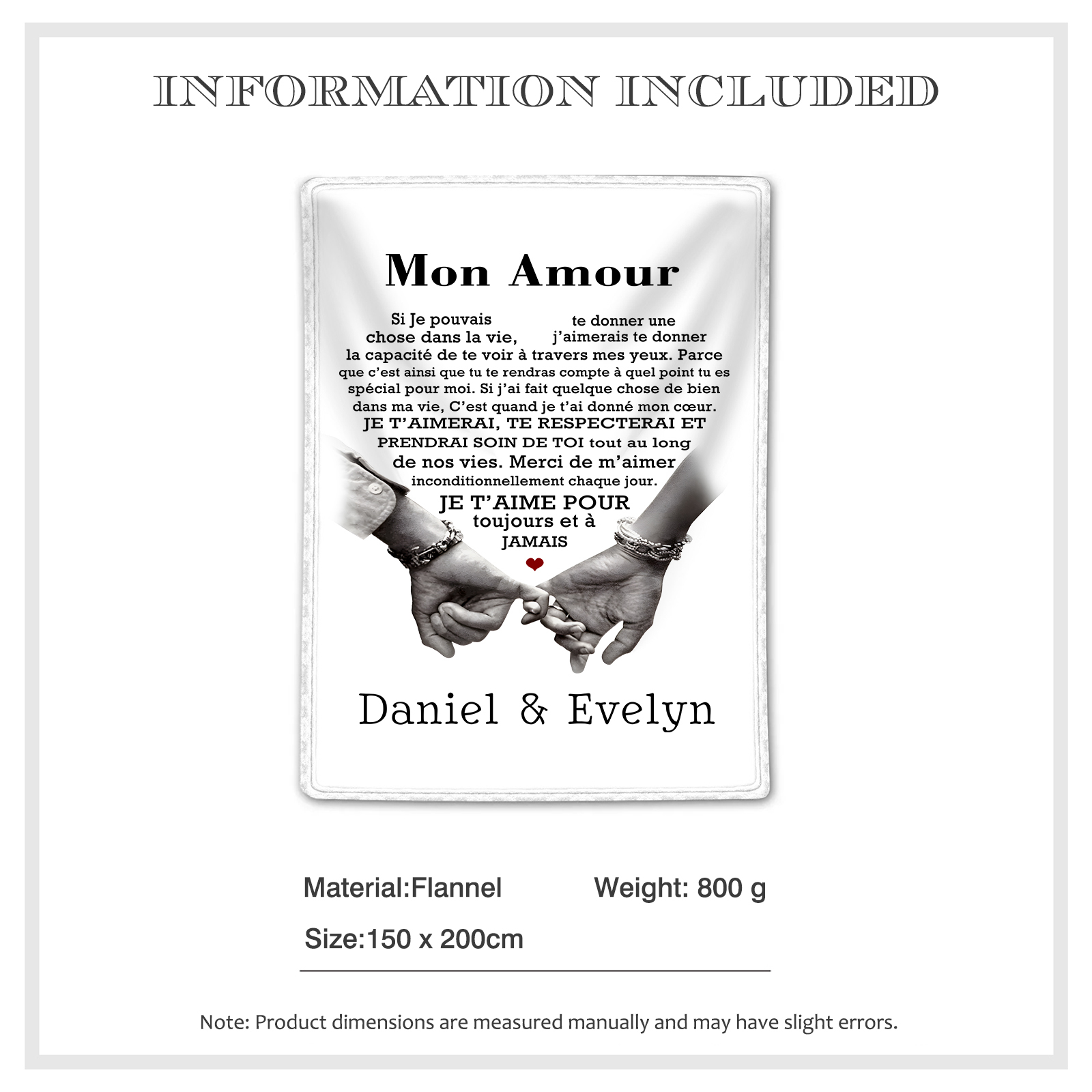 Couverture Plaids Polaire 2 Prénoms Personnalisés avec Texte Cadeau pour Couple le saint-valentin | Jessemade