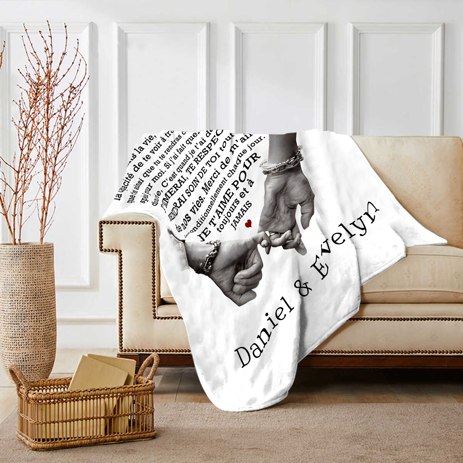 Couverture Plaids Polaire 2 Prénoms Personnalisés avec Texte Cadeau pour Couple le saint-valentin | Jessemade