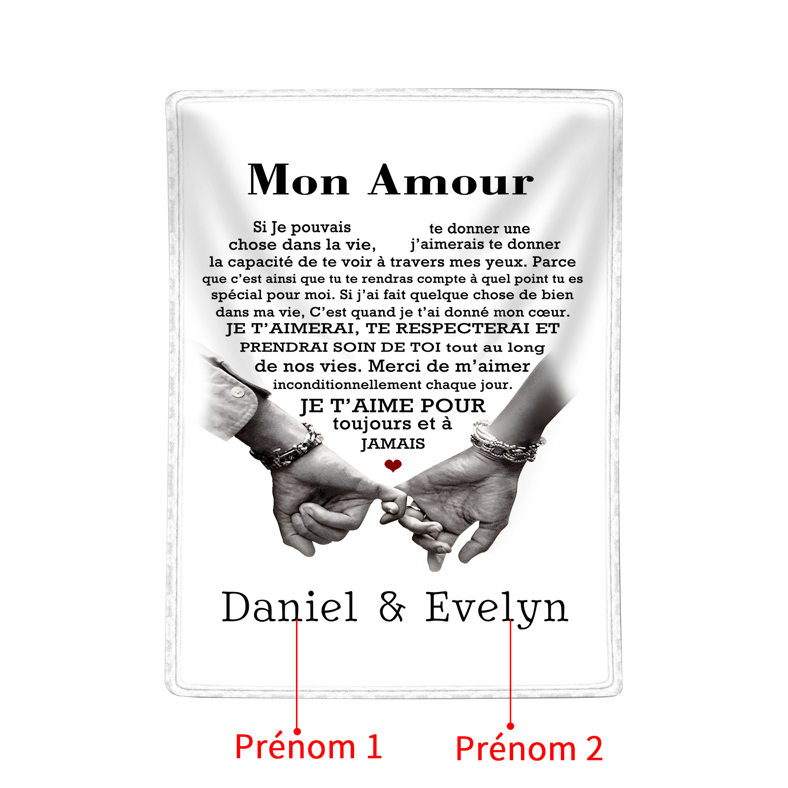 Couverture Plaids Polaire 2 Prénoms Personnalisés avec Texte Cadeau pour Couple le saint-valentin | Jessemade