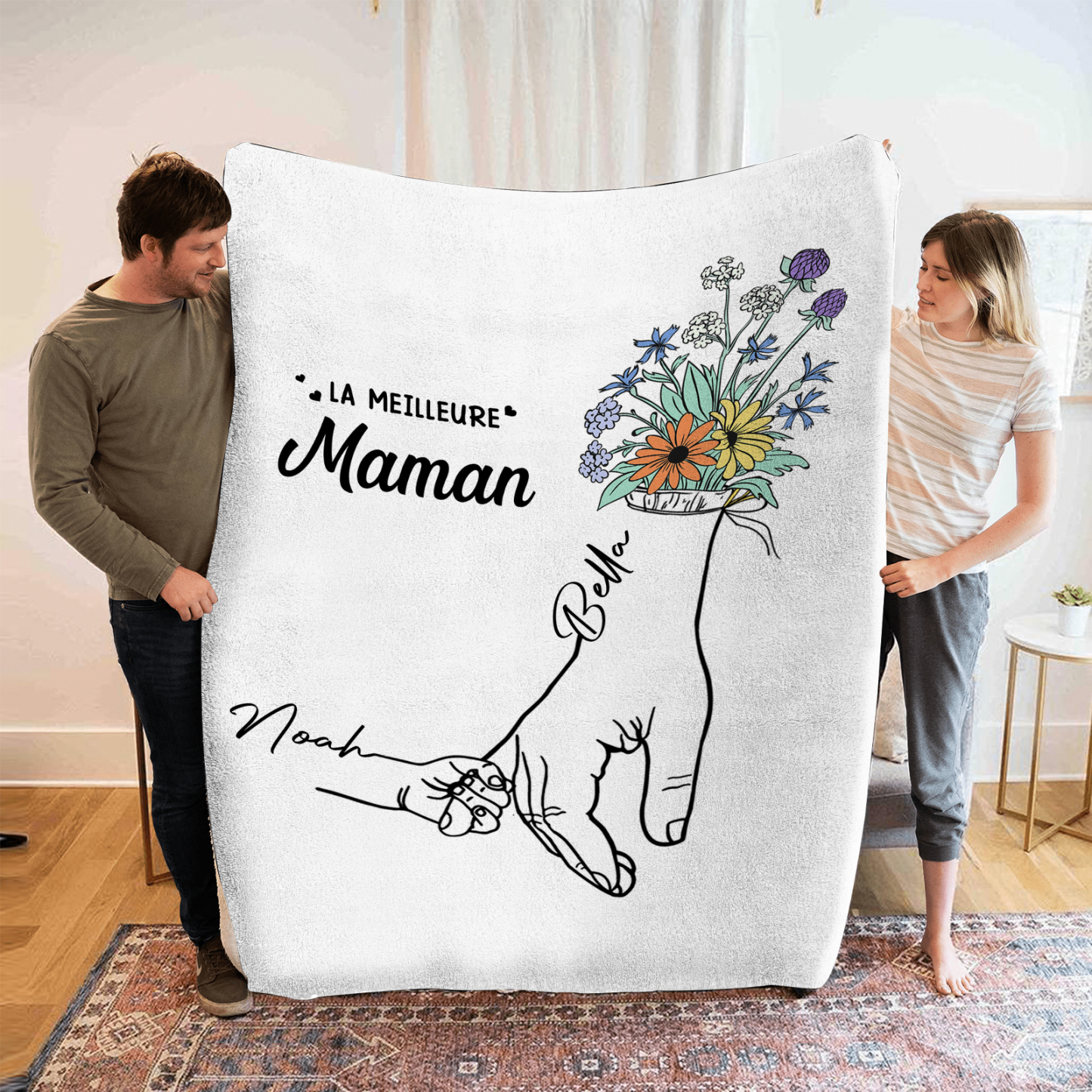 Plaid en Flanelle Personnalisé avec 2 Prénoms Couverture Flanelle pour Maman | Jessemade