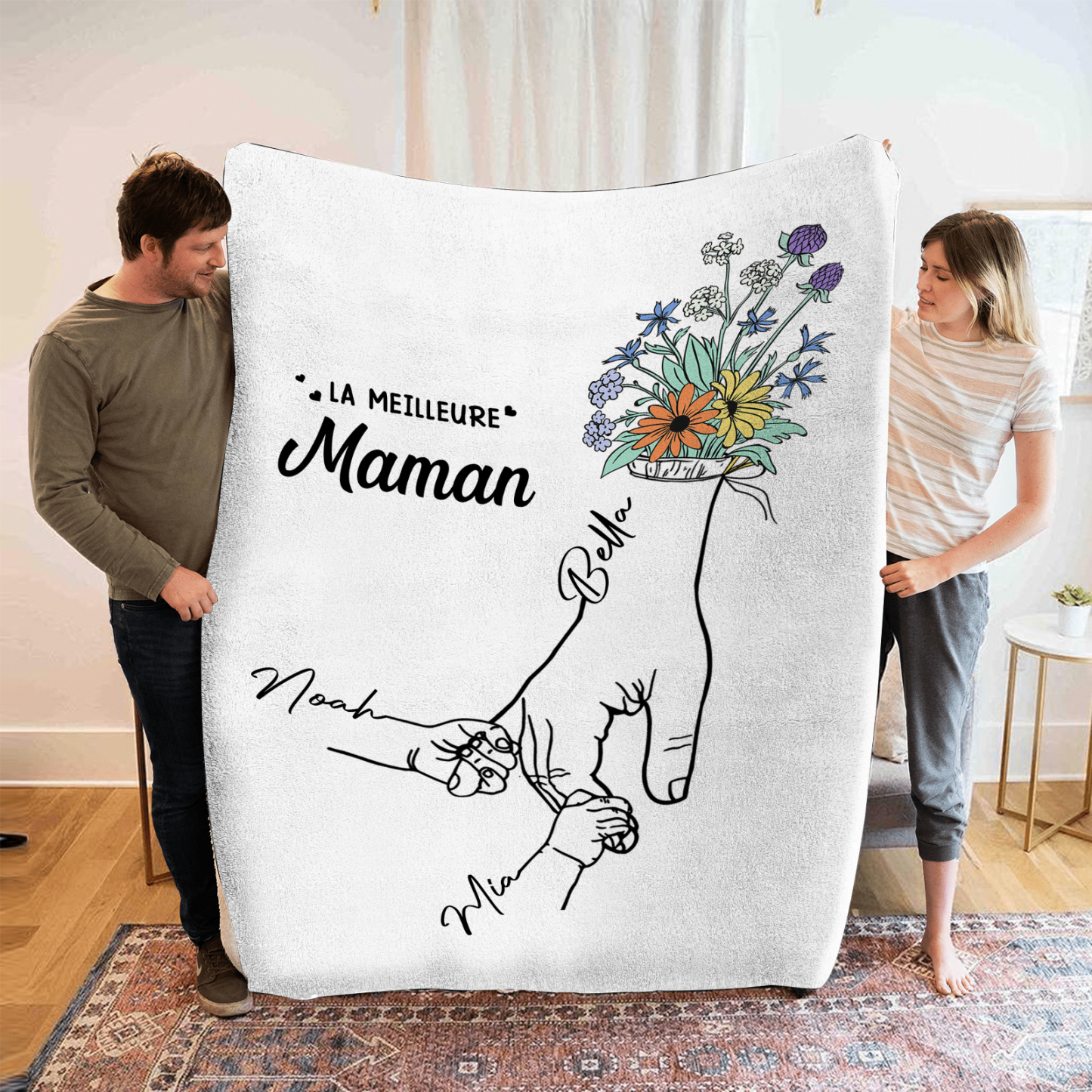 Plaid en Flanelle Personnalisé avec 3 Prénoms Couverture Flanelle pour Maman | Jessemade