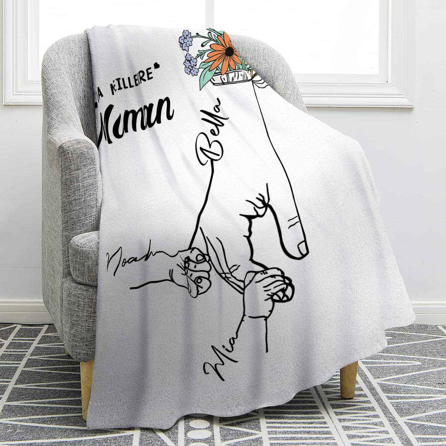 Plaid en Flanelle Personnalisé avec 3 Prénoms Couverture Flanelle pour Maman | Jessemade
