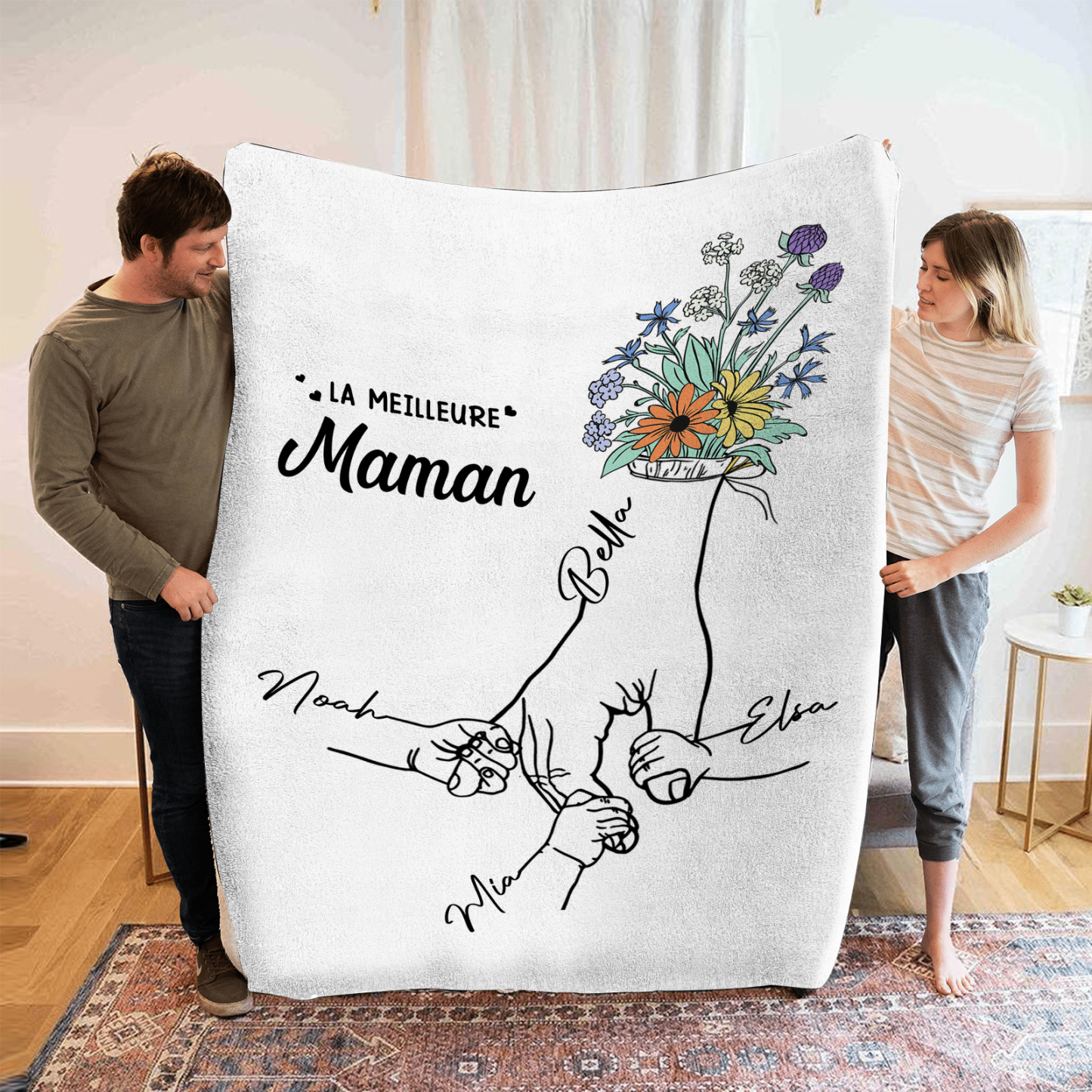Plaid en Flanelle Personnalisé avec 4 Prénoms Couverture Flanelle pour Maman | Jessemade