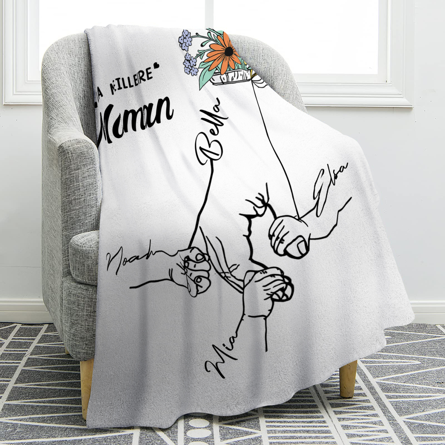 Plaid en Flanelle Personnalisé avec 4 Prénoms Couverture Flanelle pour Maman | Jessemade