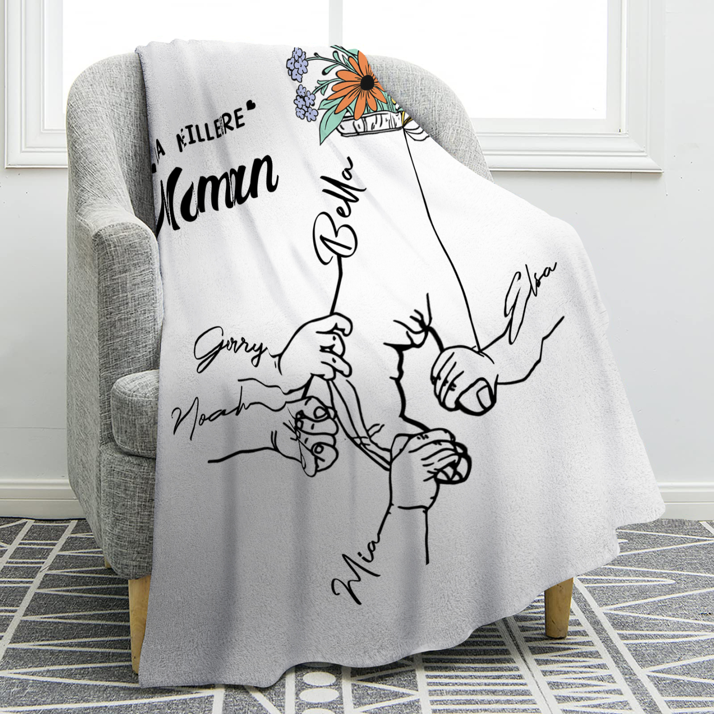 Plaid en Flanelle Personnalisé avec 5 Prénoms Couverture Flanelle pour Maman | Jessemade
