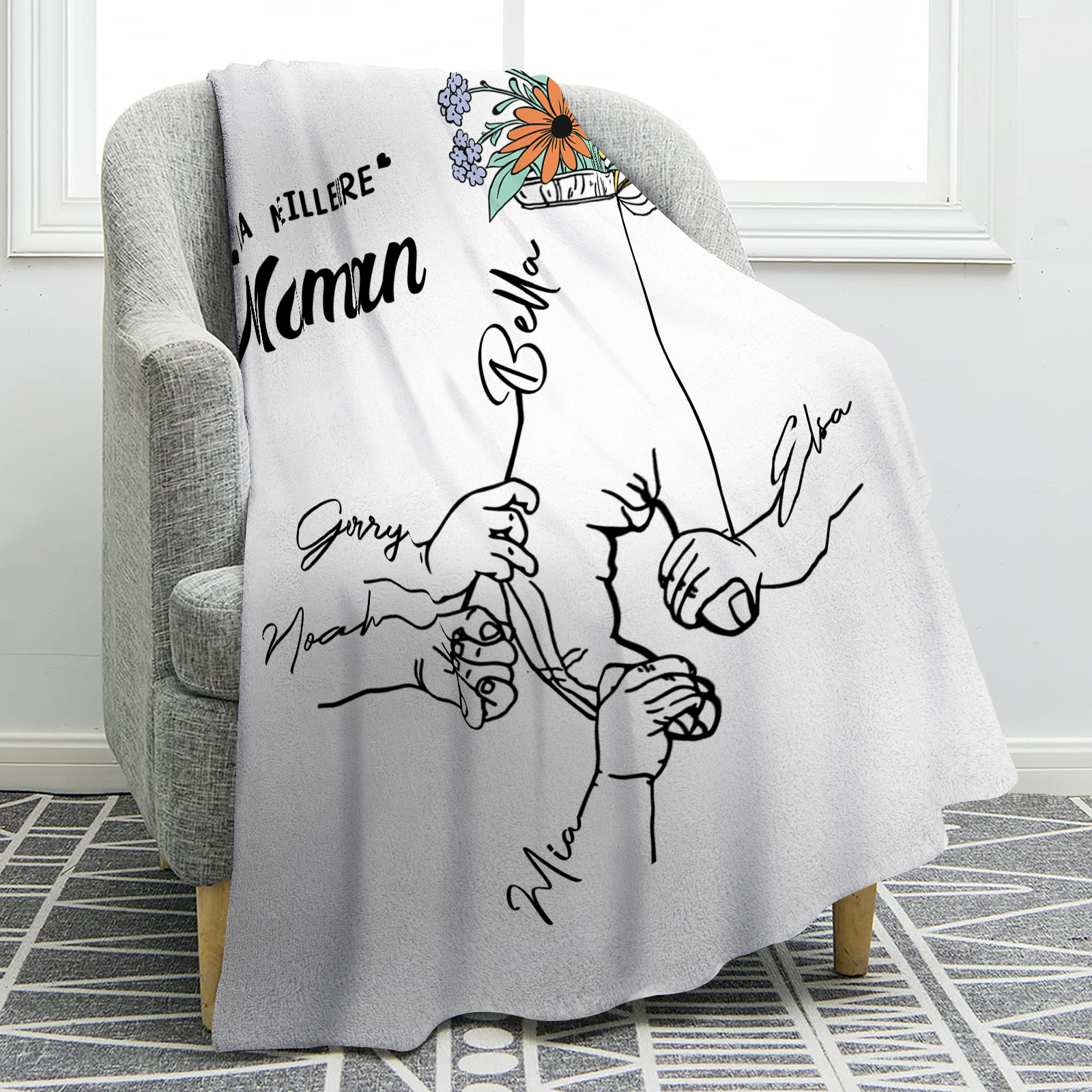 Plaid en Flanelle Personnalisé avec 5 Prénoms Couverture Flanelle pour Maman | Jessemade