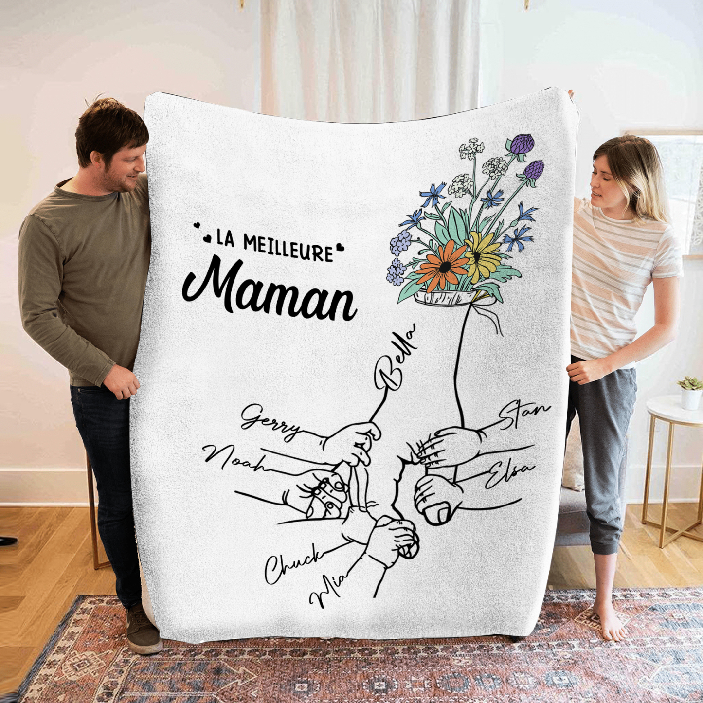 Plaid en Flanelle Personnalisé avec 7 Prénoms Couverture Flanelle pour Maman | Jessemade